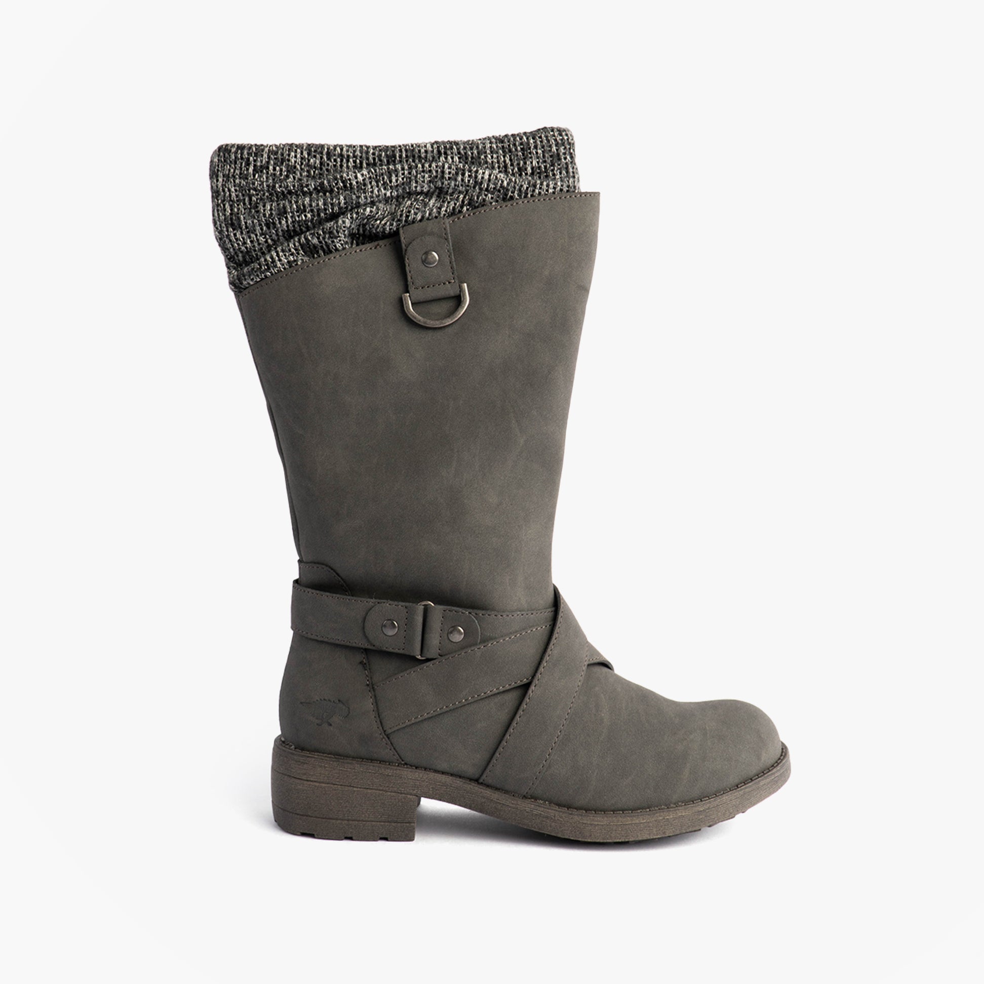 Rocket Dog TELSA Womens Boots Charcoal side view showing tall boot with knit cuff and strap detailing.