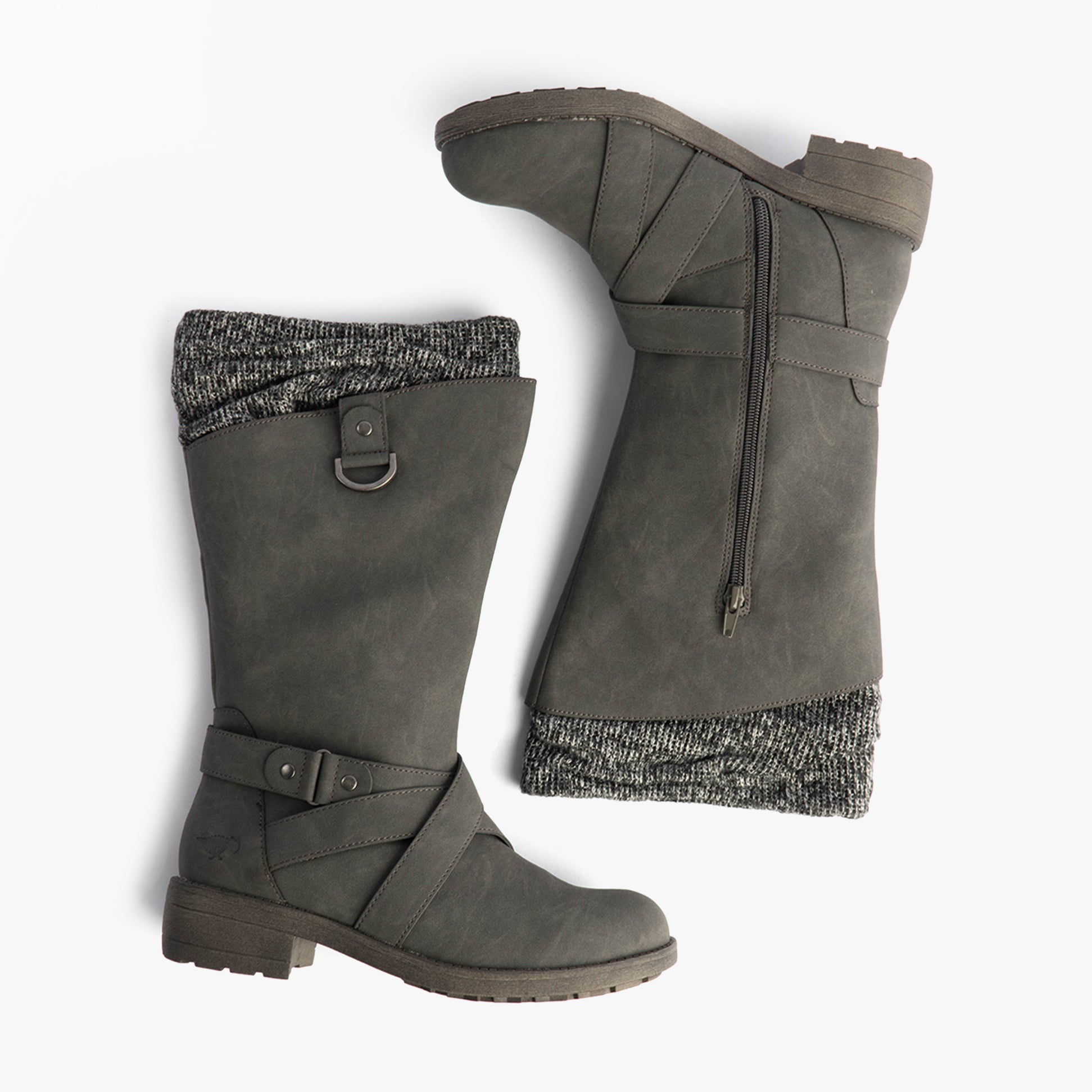 Rocket Dog TELSA Womens Boots Charcoal side view of tall boots with knit cuff and zip closure.
