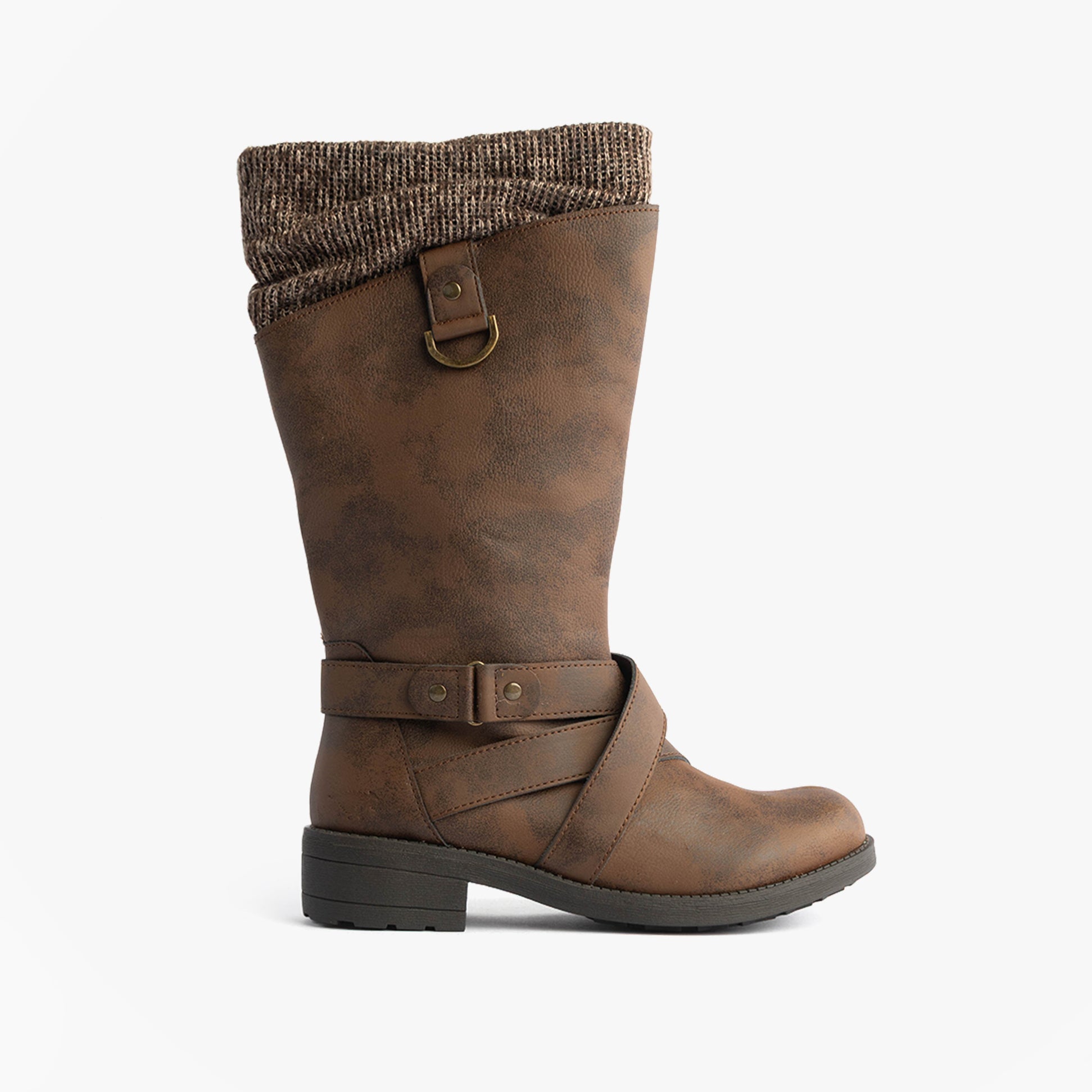 Rocket Dog TELSA Womens Boots Brown side view with mid-calf height, round toe, zip closure and stylish buckle details.