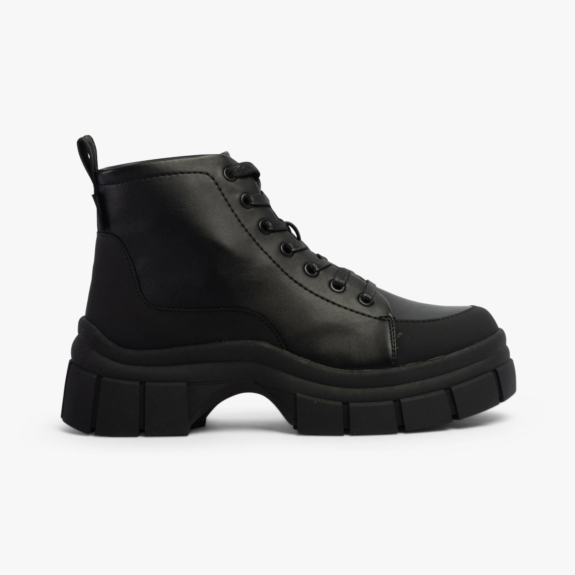 Rocket Dog TRUSTY Womens Boots Black side view featuring platform design, faux leather upper, and lace-up closure.