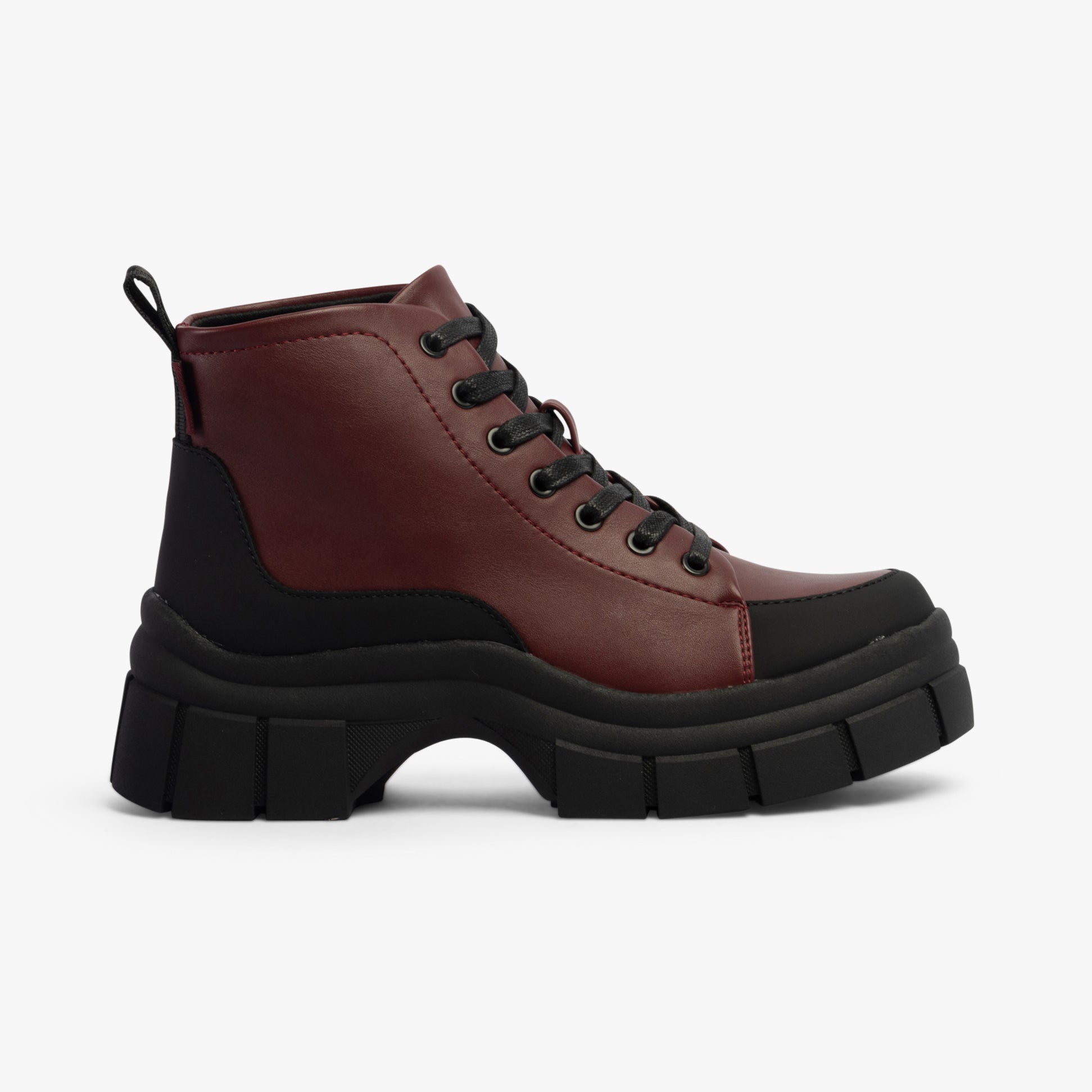 Rocket Dog TRUSTY Womens Boots Burgundy side view showing platform style, faux leather upper, and lace-up design.