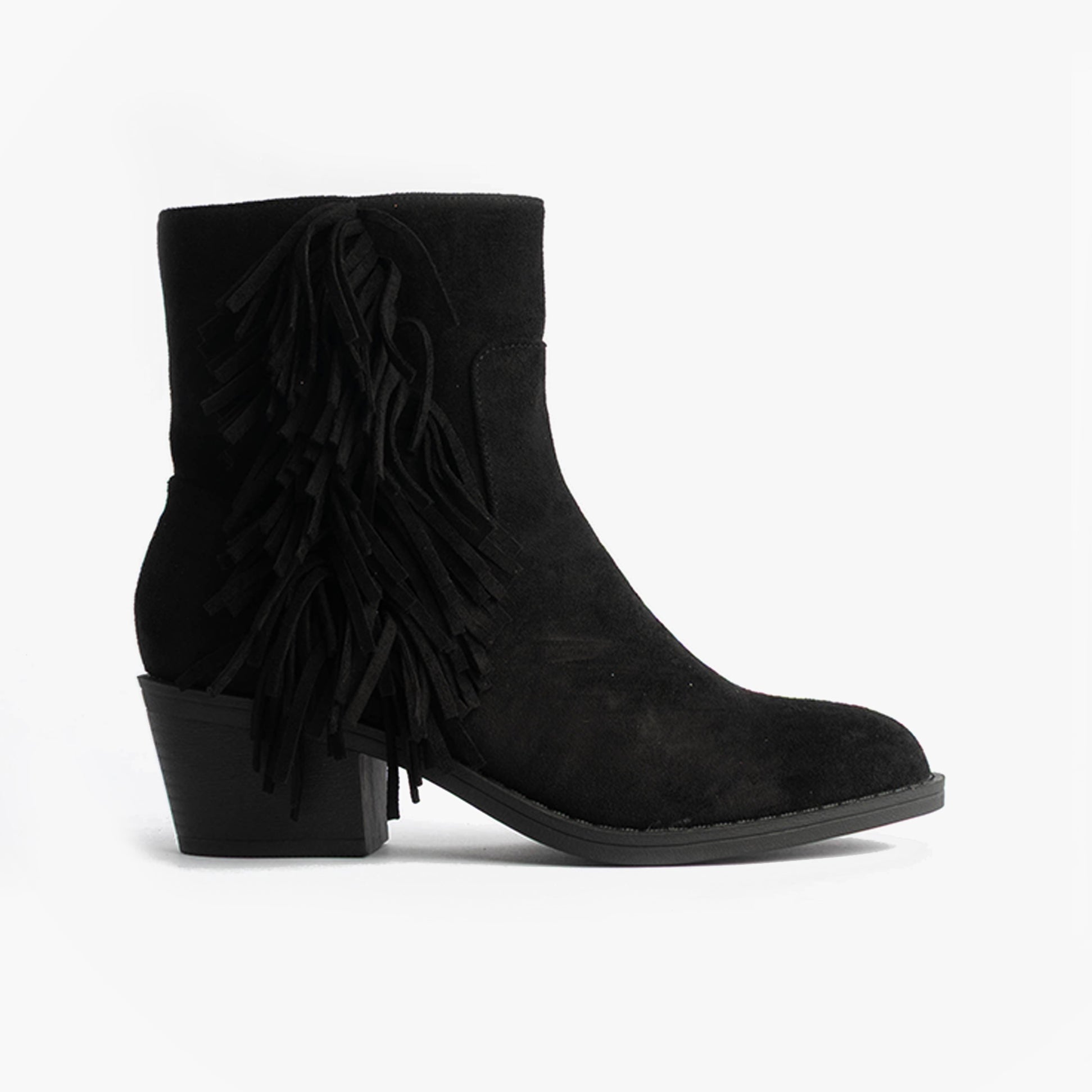 Rocket Dog YANKEE Womens Boots Black side view with fringe detail and block heel