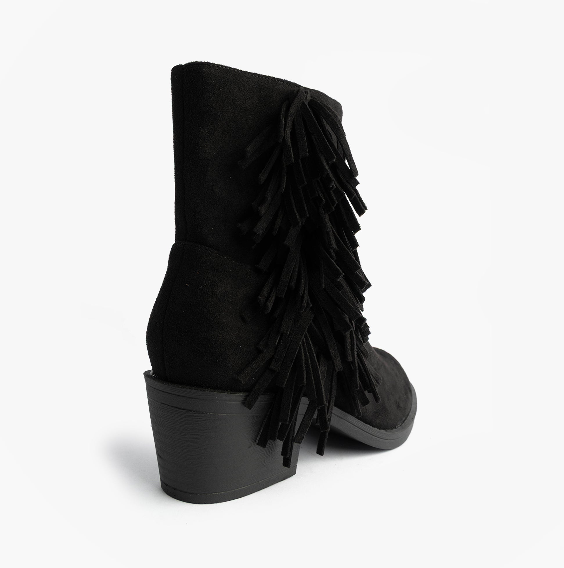 Rocket Dog YANKEE Womens Boots Black side view with fringe detailing and angled heel