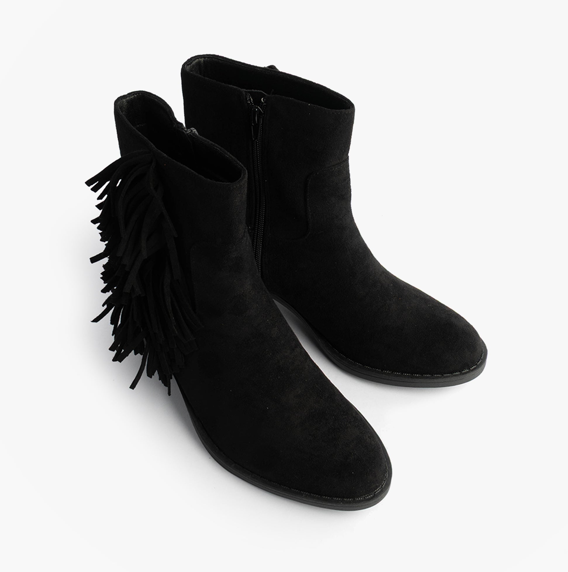 Rocket Dog YANKEE Womens Boots Black side view showing faux suede upper and fringe detail.