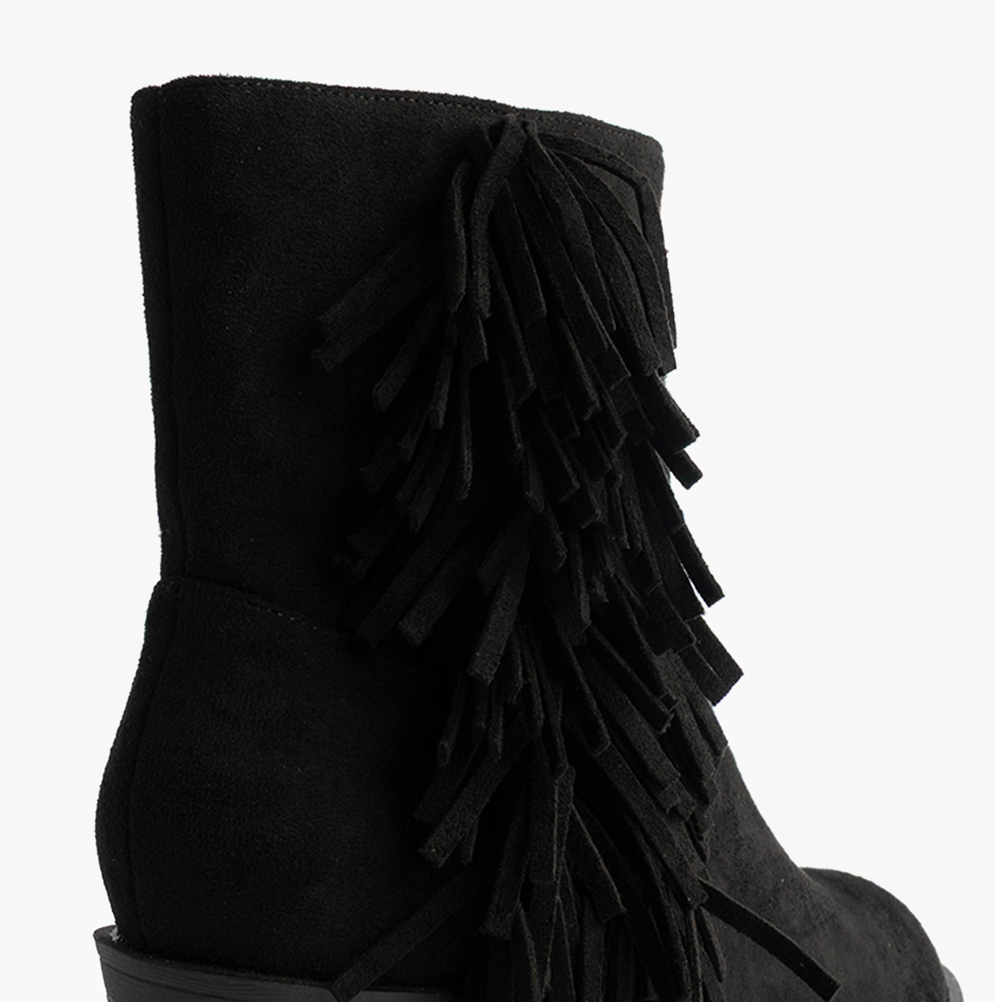 Rocket Dog YANKEE Womens Boots Black side view of the ankle boot showcasing fringe detail.