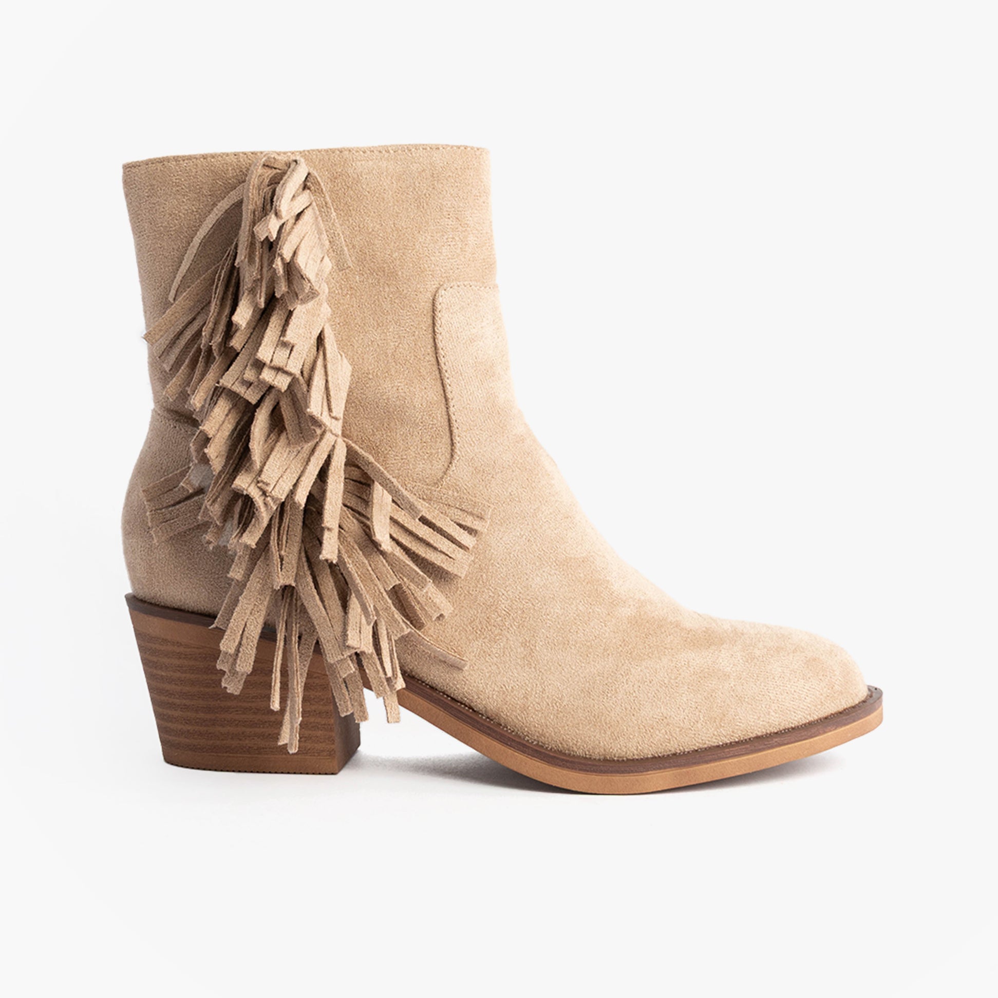 Rocket Dog YANKEE Womens Boots Taupe side view with fringe detailing and block heel.