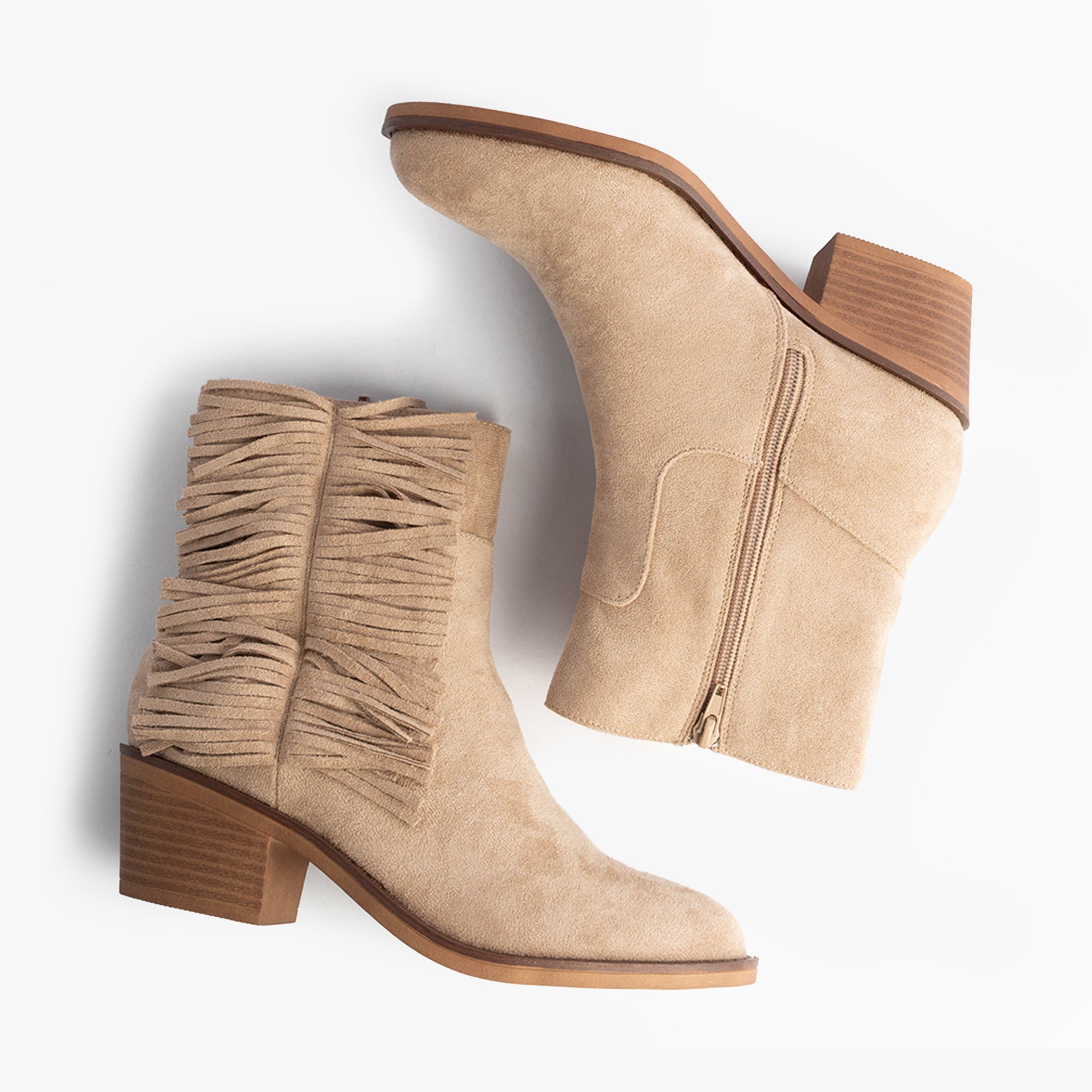Rocket Dog YANKEE Womens Boots Taupe, side view and top view showcasing faux suede material and fringe detailing.
