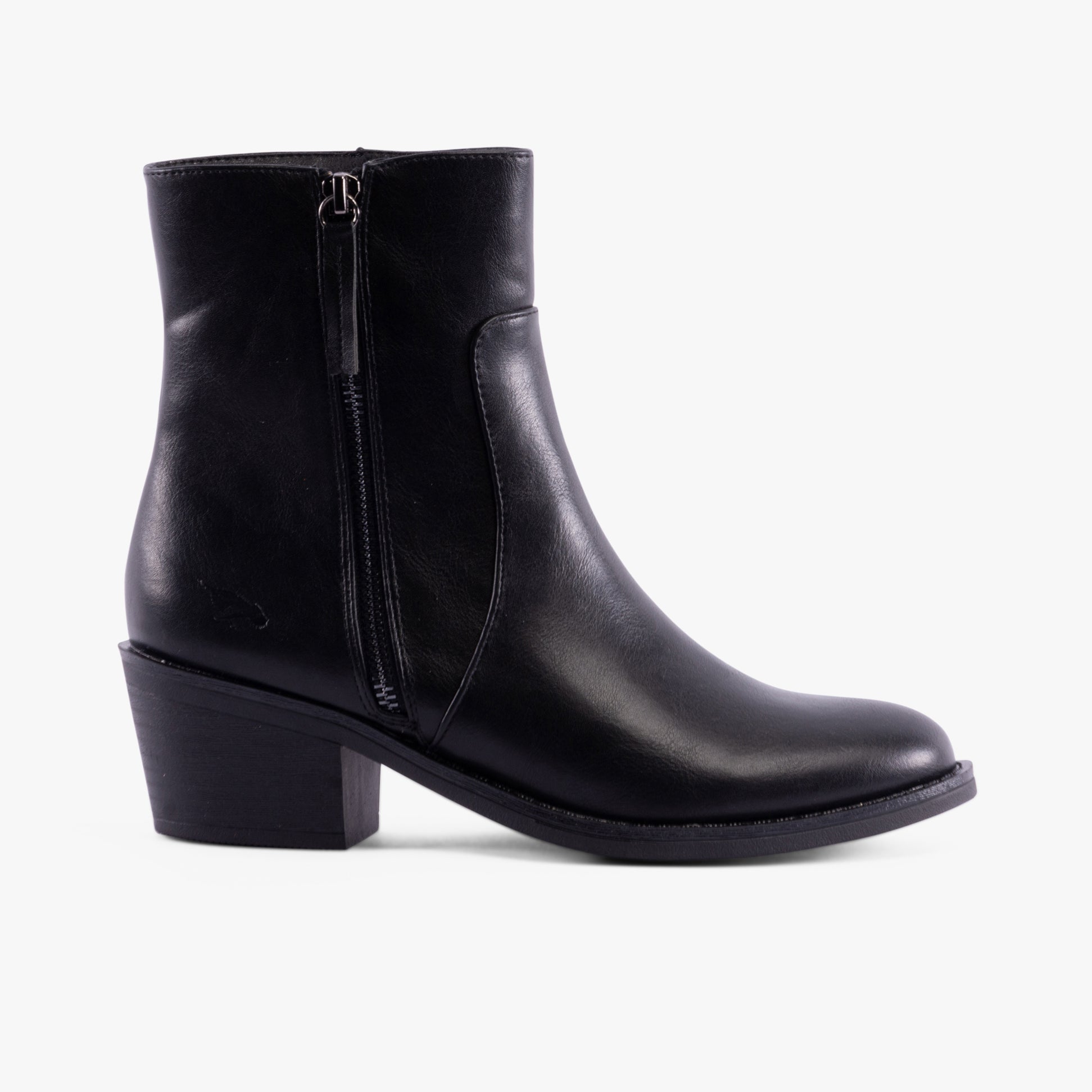 Rocket Dog YONDER Womens Boots Black side view showcasing faux leather, block heel, and zip closure.