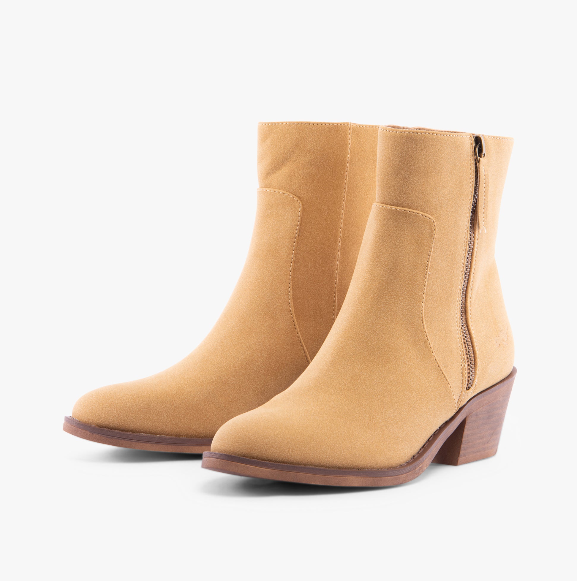Rocket Dog YONDER Womens Boots Camel side view showing faux leather upper and block heel.