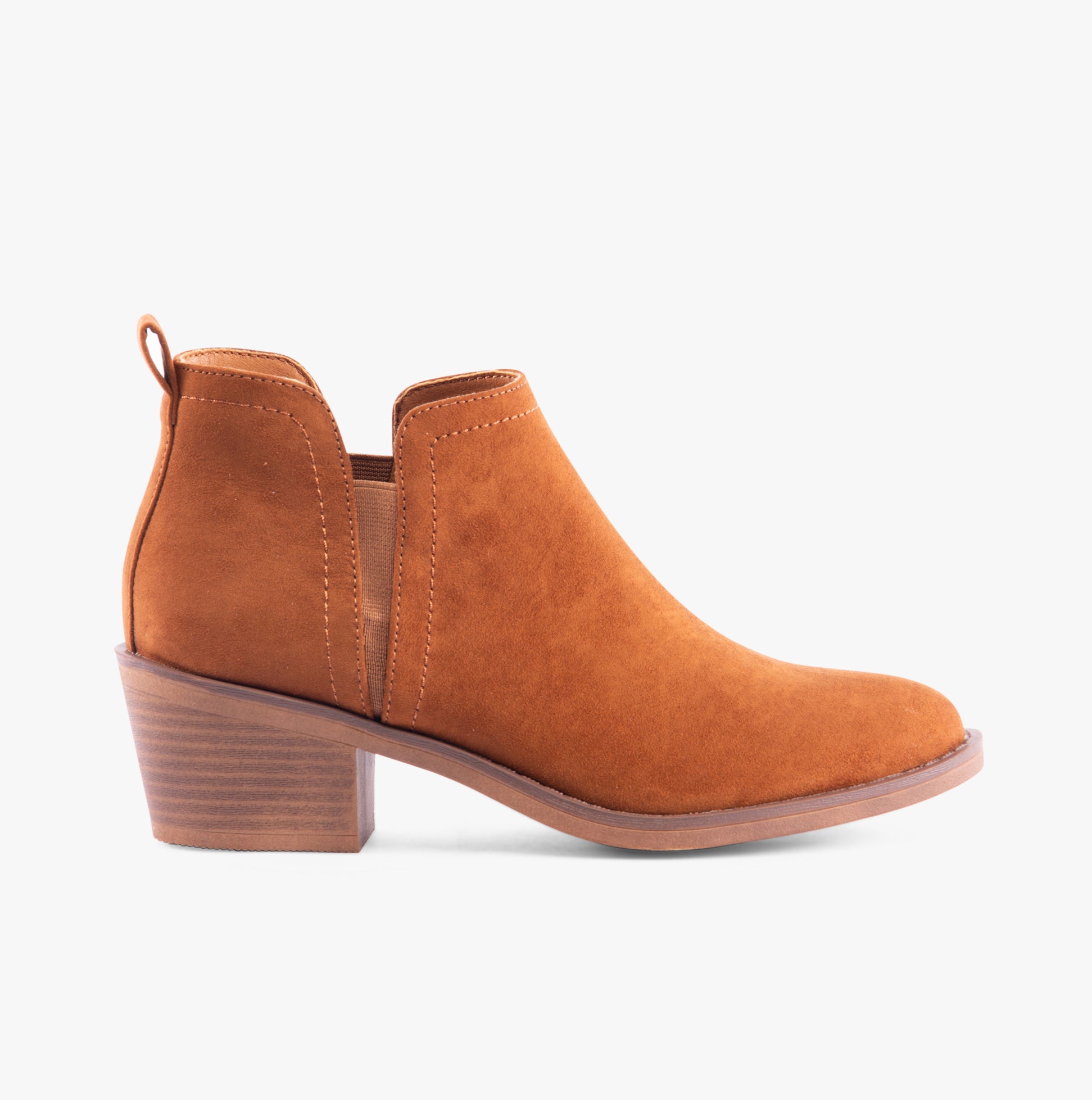 Rocket Dog YORK Womens Boots Cognac side view of ankle boots with block heel and elasticated side panels.