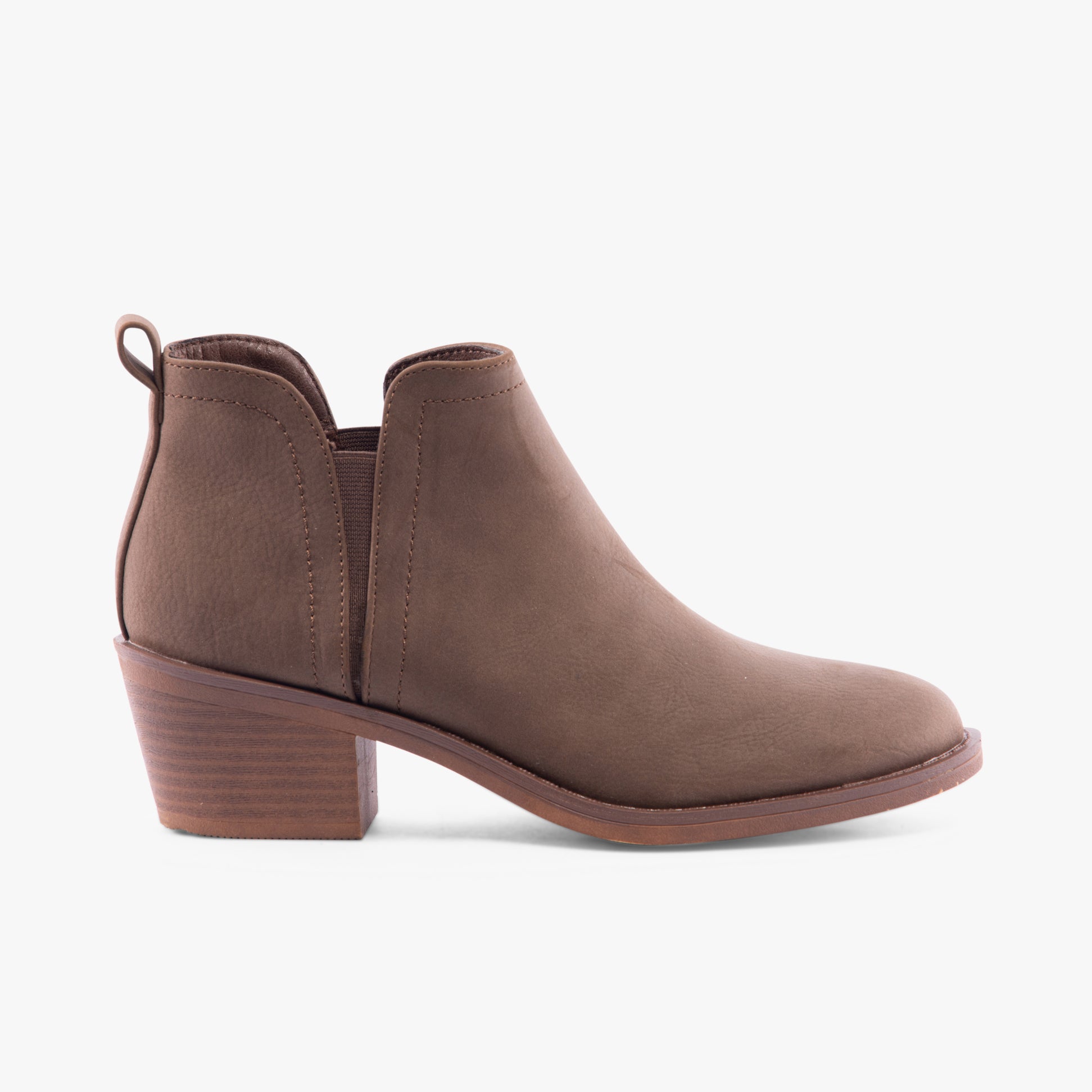 Rocket Dog YORK Womens Boots Brown side view showing ankle height, block heel, and elasticated side panel.