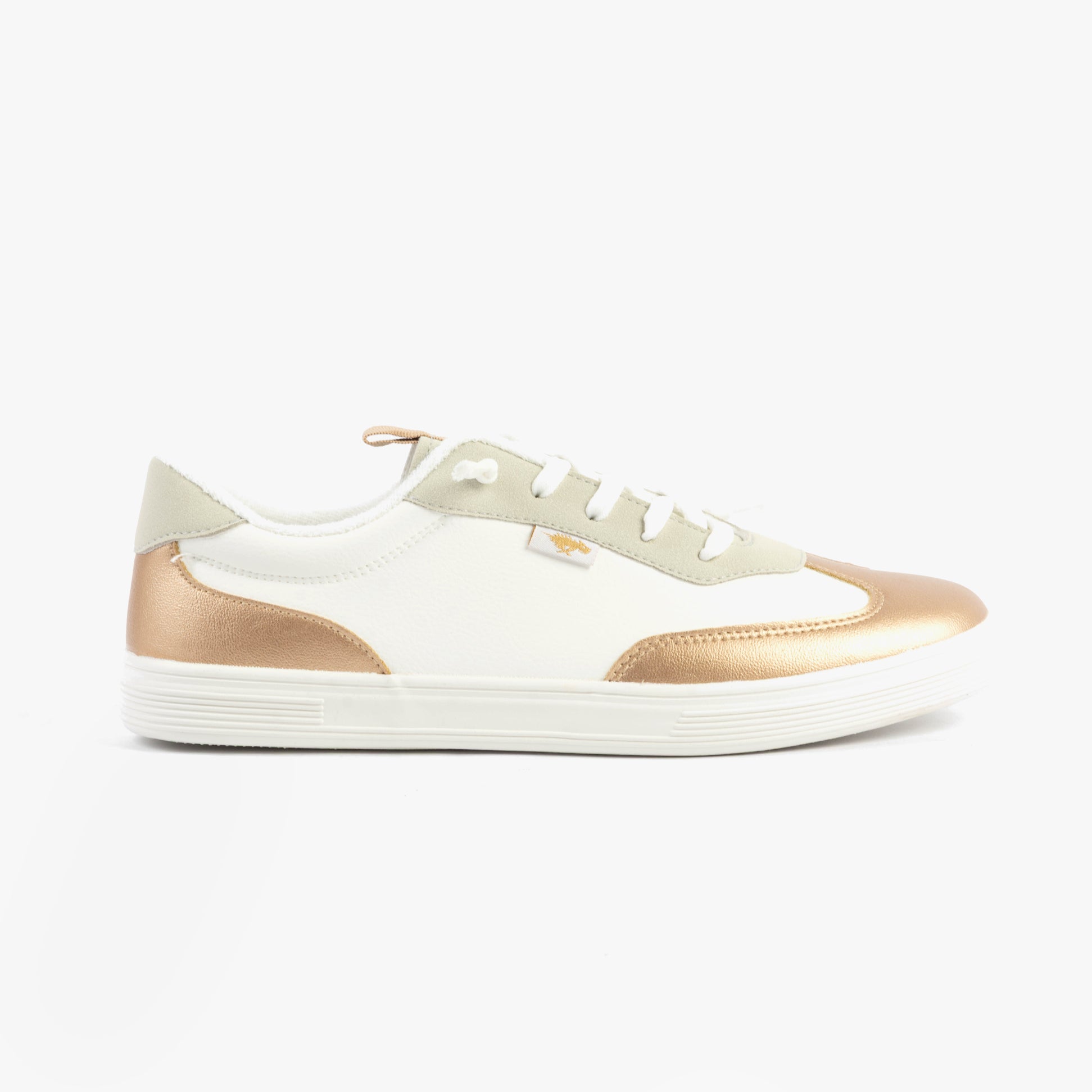 Rocket Dog ZAP Womens Trainers Gold/White side view showcasing casual leather/synthetic design with lace-up closure.