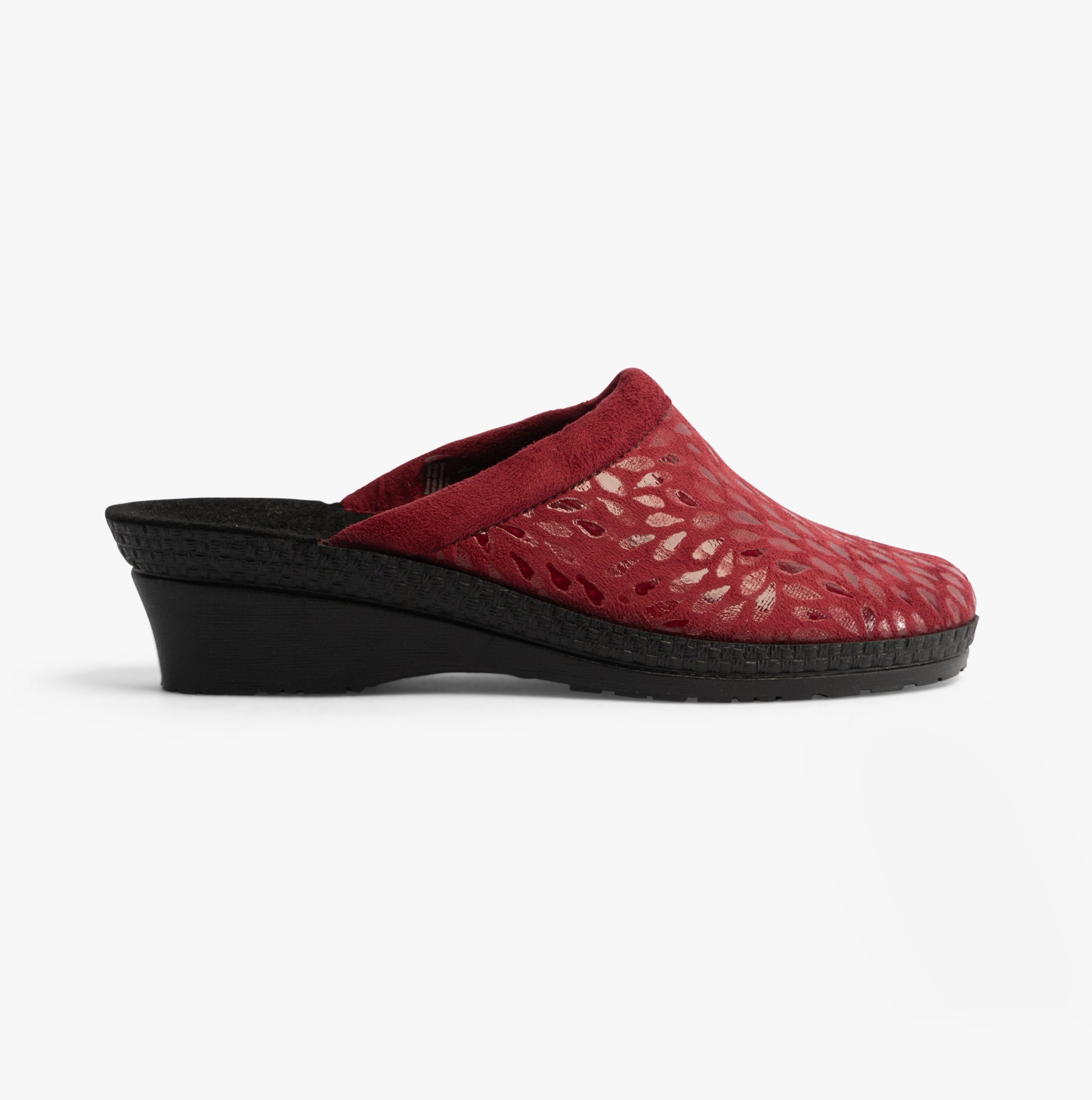 Rohde 2456-48 Womens Mules Wine side view showing breathable textile upper and low wedge heel