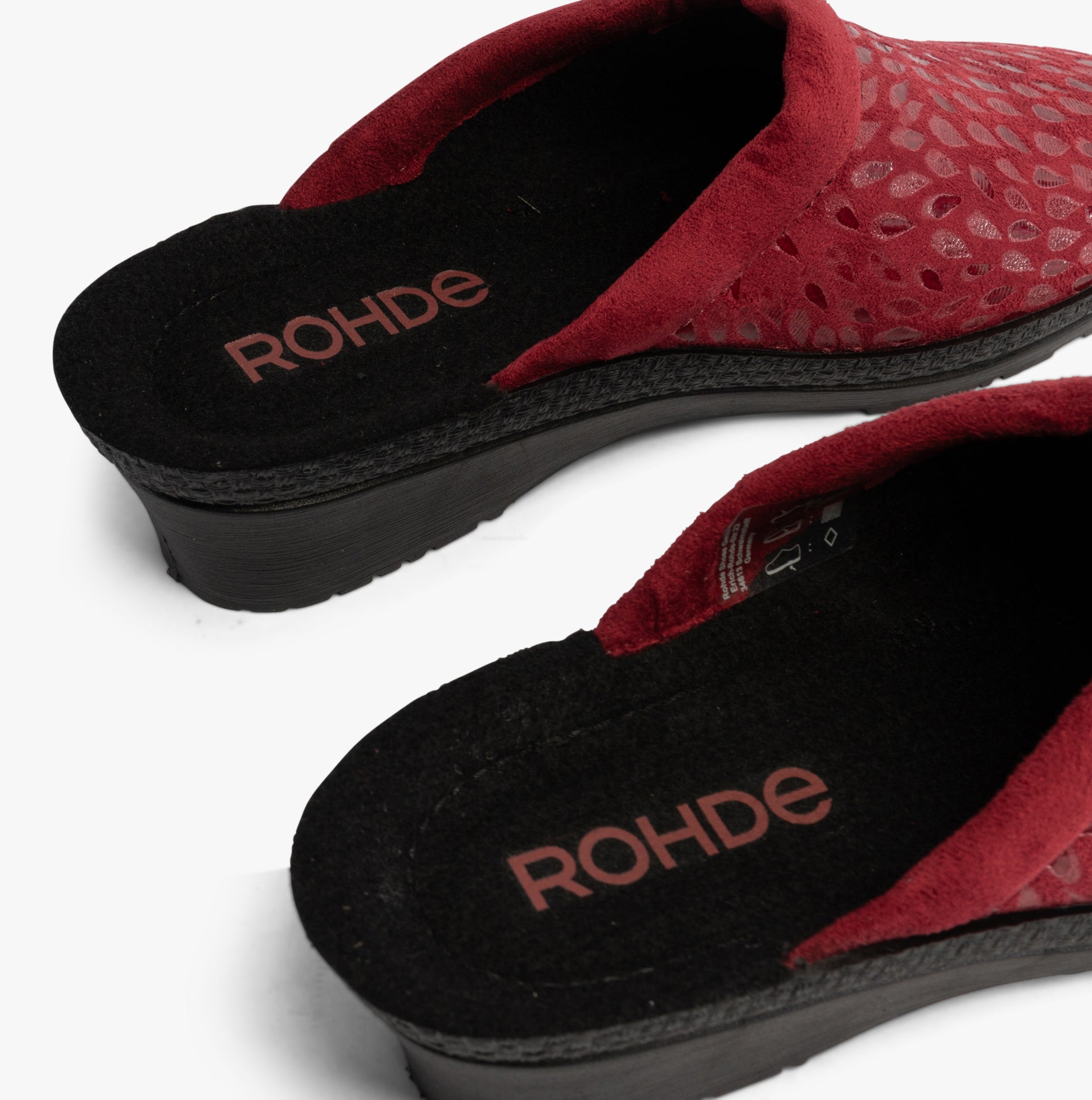 Rohde 2456-48 Womens Mules Wine side view showcasing comfort and stylish design with a wedge heel.
