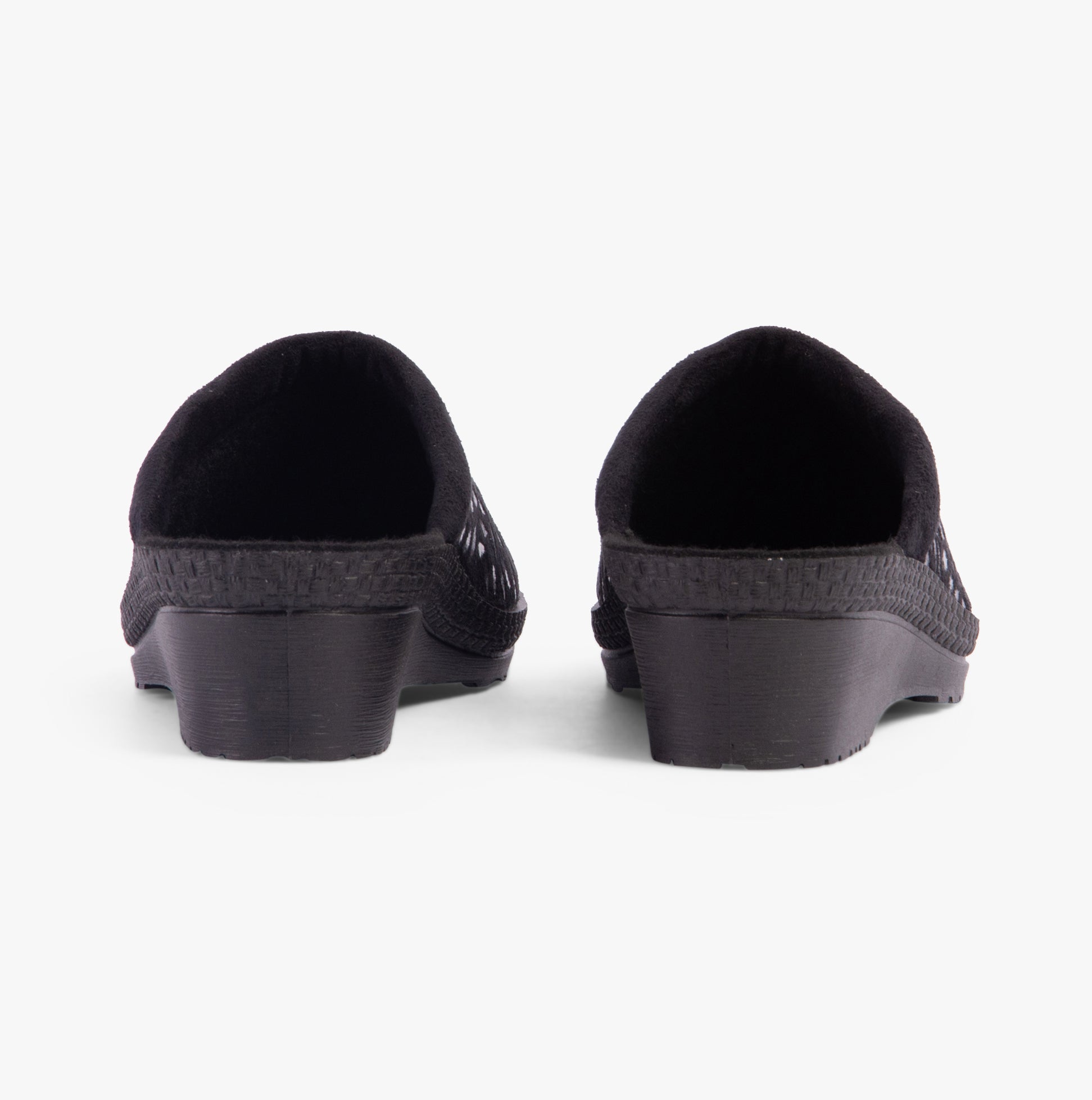Rohde 2456-90 Womens Mules Black rear view showcasing textile upper and wedge heel design.