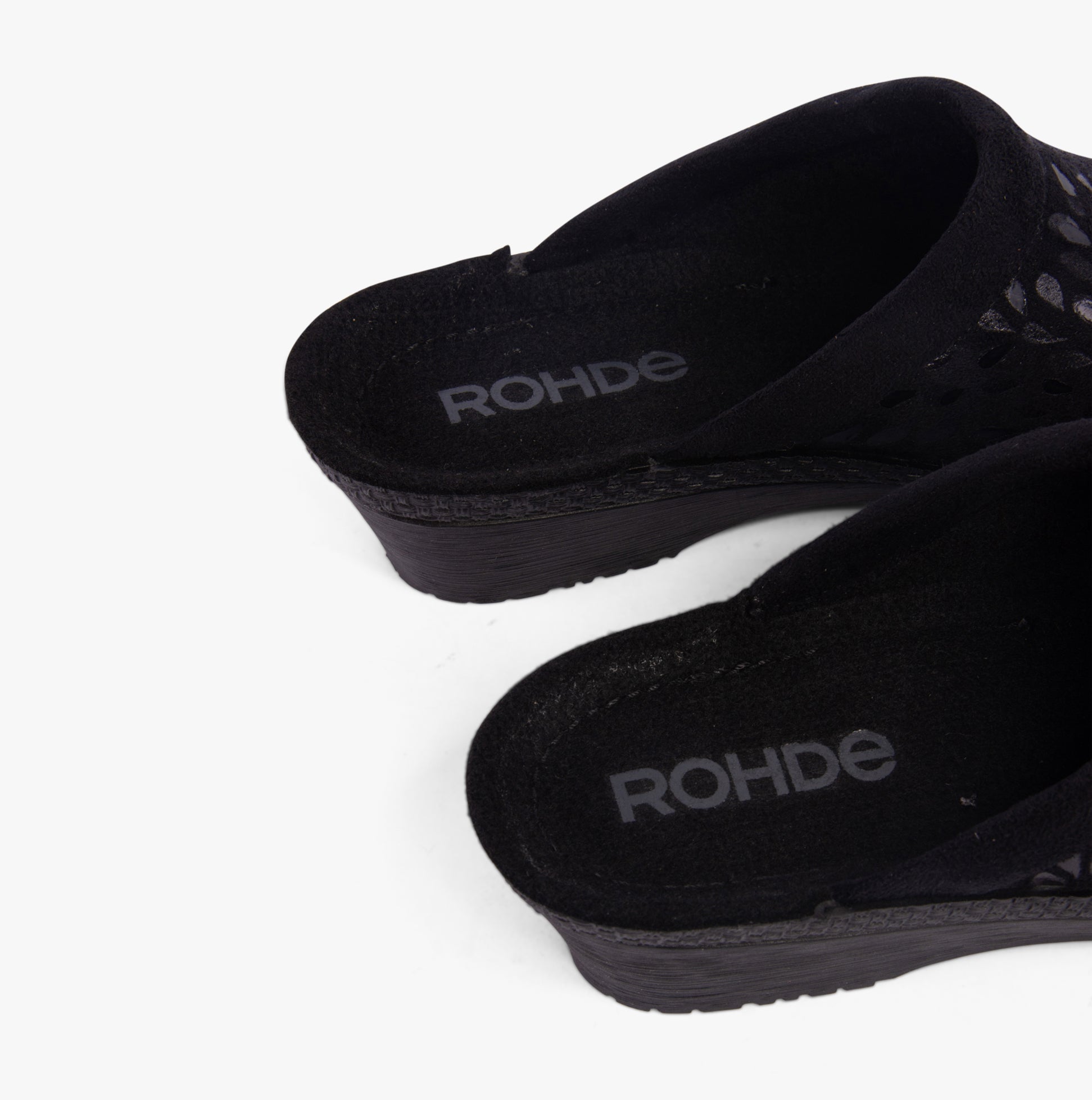 Rohde 2456-90 Womens Mules Black detail view of the slip-on wedge with breathable textile upper.