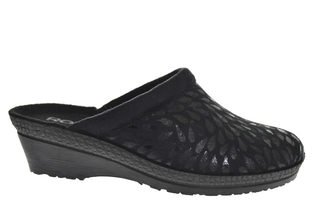 Rohde 2456-90 Womens Mules Black side view showing textile upper, wedge heel, and slip-on design.