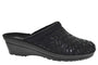 Rohde 2456-90 Womens Mules Black side view showing textile upper, wedge heel, and slip-on design.