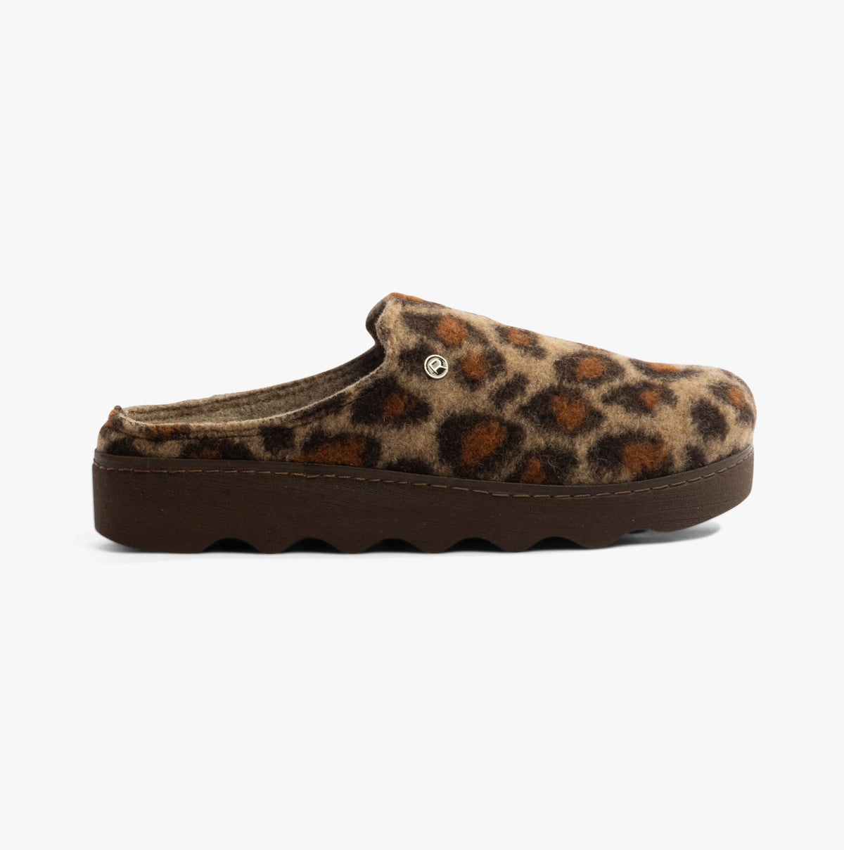 Rohde 6101-72 Womens Mules Mocca side view featuring leopard print upper and low sole.