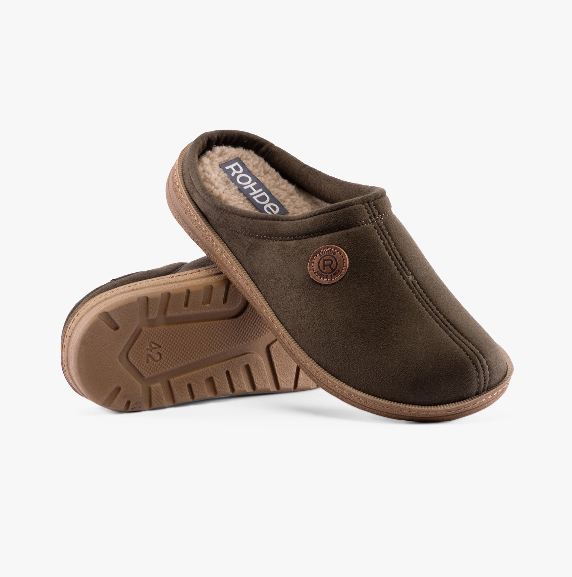 Rohde 7141-61 Mens Mules Olive side view showing the slip-on design and textile upper with round toe.
