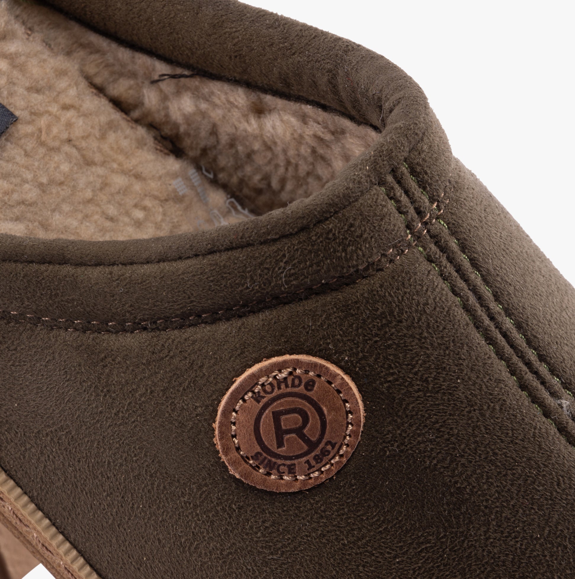 Rohde 7141-61 Mens Mules Olive detail view showcasing the upper textile material and brand logo.