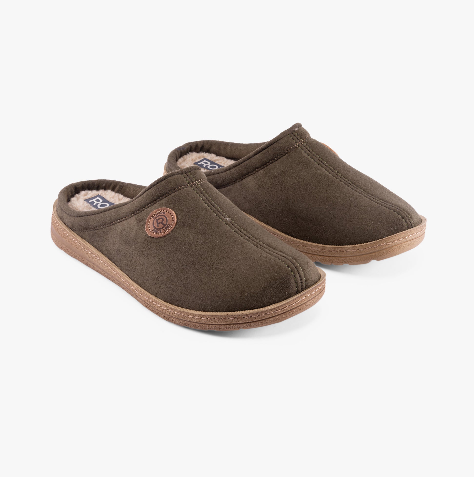 Rohde 7141-61 Mens Mules Olive side view showing textile upper and round toe design.