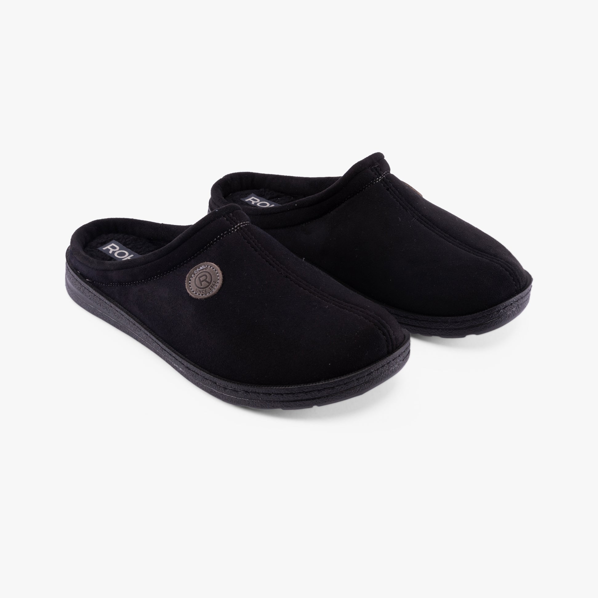 Rohde 7141-90 Mens Mules Black side view of black slipper style mules with textile upper and round toe.