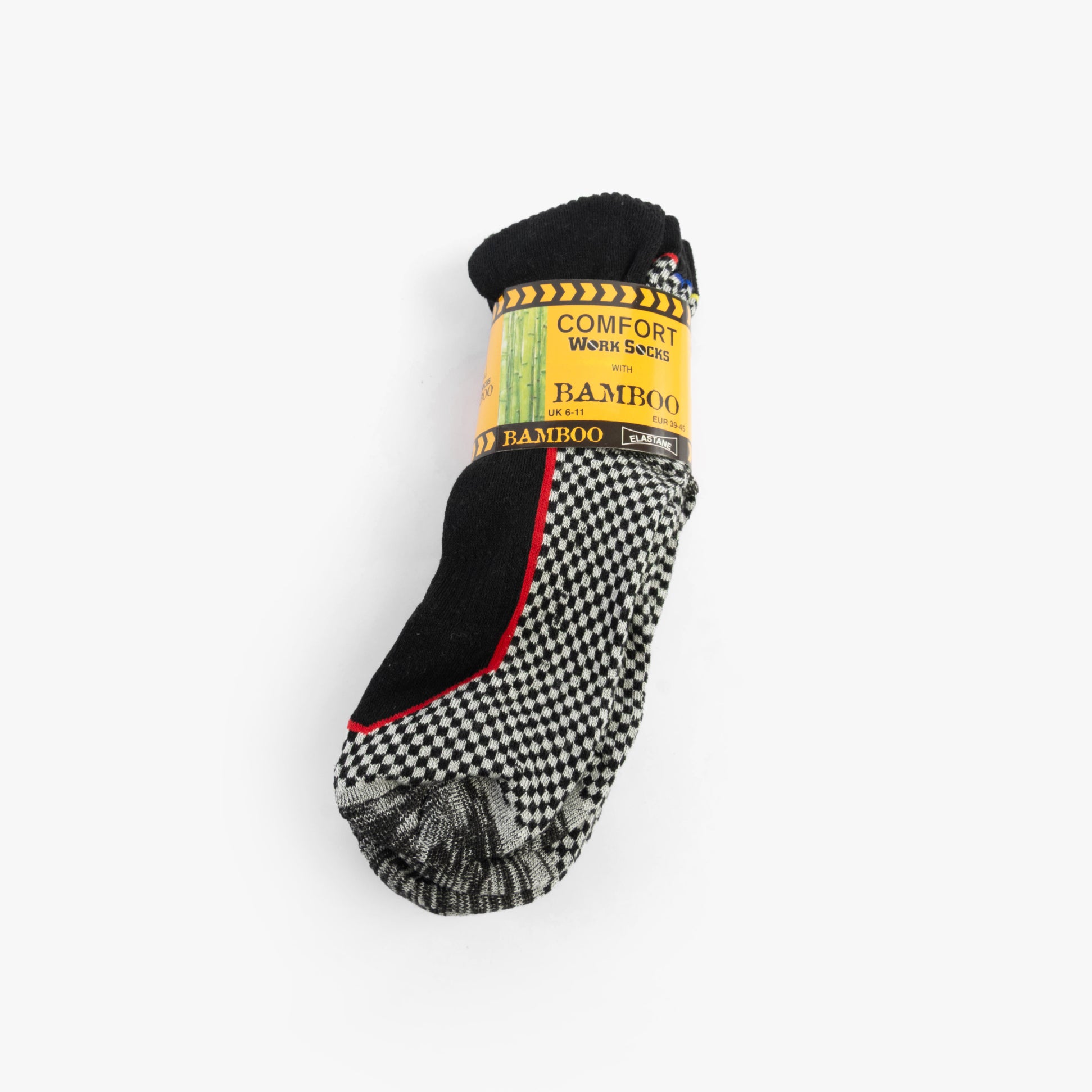 STB 34SED118 BAMBOO Mens 3 Pack Socks Multi UK 6-11 side view of black and checkered design sock with label