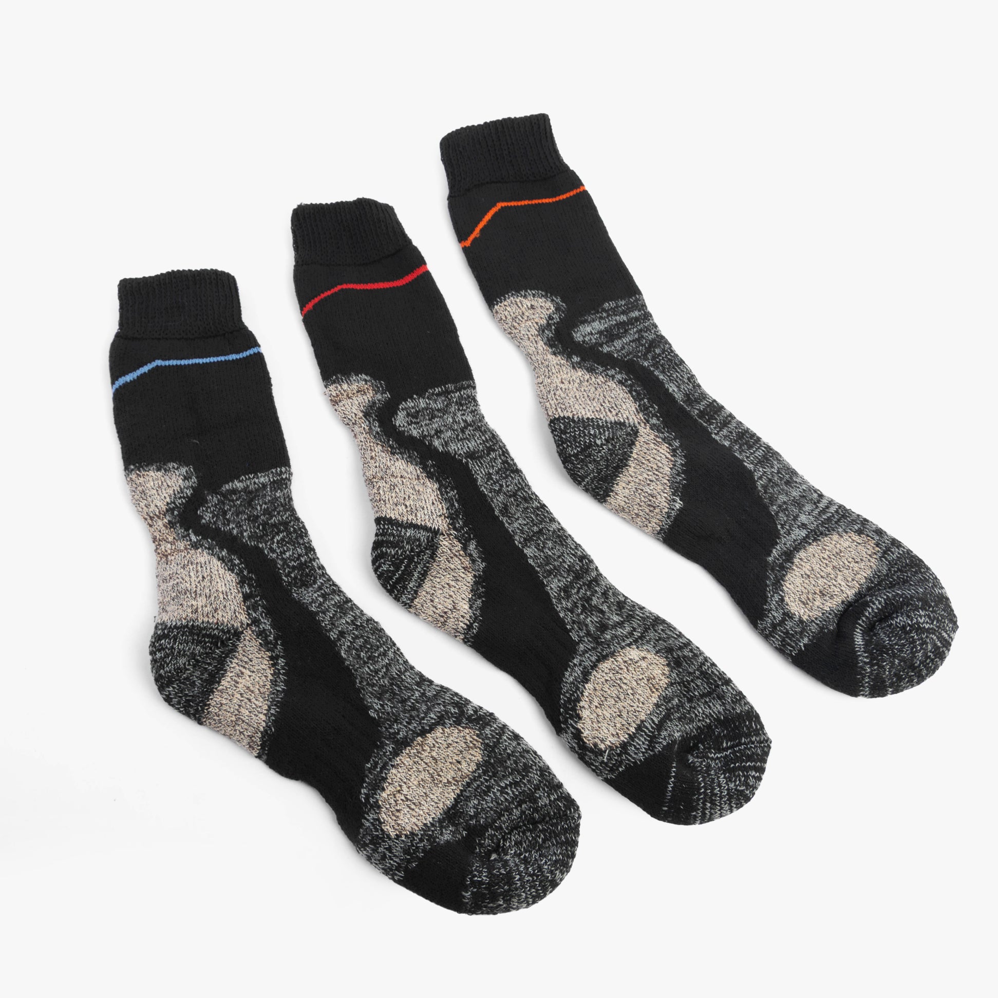 STB FUSION POWER HEAVY DUTY Mens 3 Pack Socks Multi UK 6-11 side view showing three pair with cushioned foot and reinforced design.