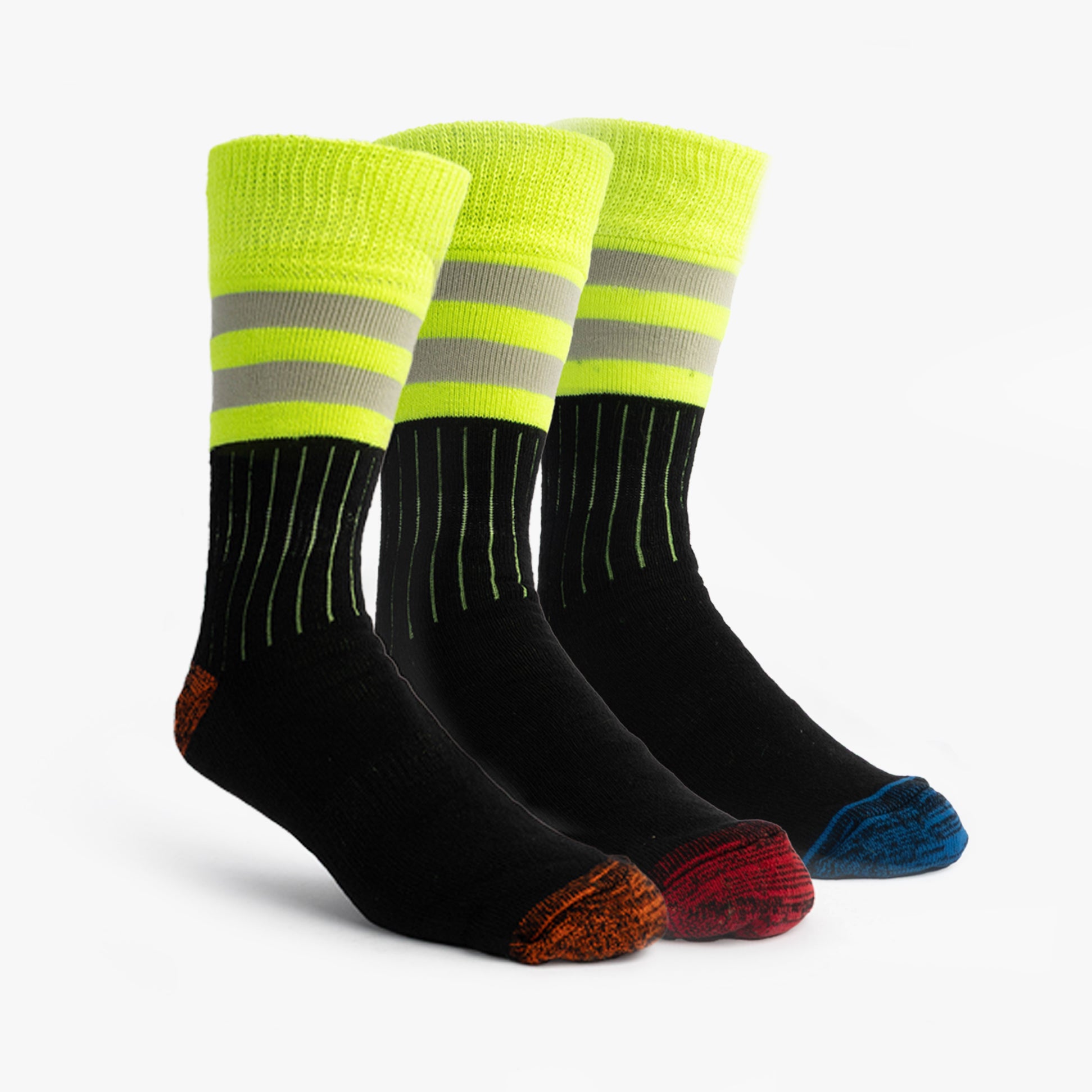 STB HIGHVIZ Mens 3 Pack Socks Multi UK 6-11 - Front view showcasing three pairs, with high visibility yellow tops and different colored toes.