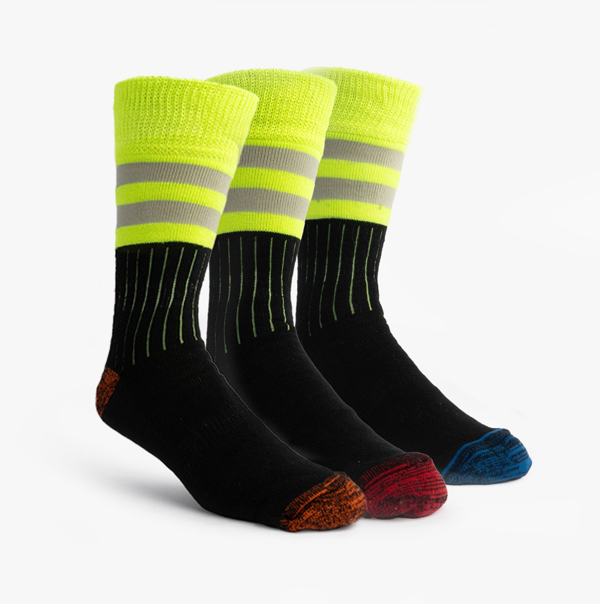STB HIGHVIZ Mens 3 Pack Socks Multi UK 6-11 - Front view showcasing three pairs, with high visibility yellow tops and different colored toes.