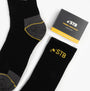STB Thermal Work Socks UK 6-11 black and grey thermal socks, side view with yellow accents and packaging.