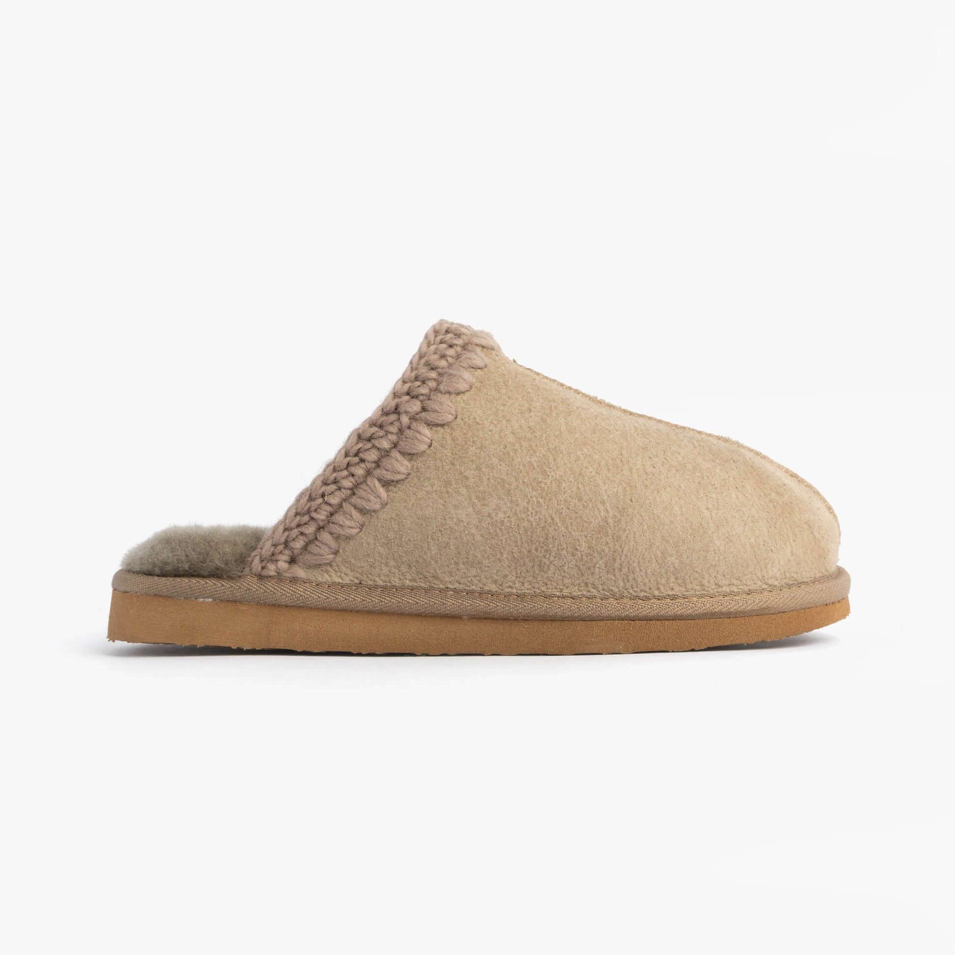 Shepherd SELINA Womens Slippers Stone side view showing soft suede upper and rubber sole.