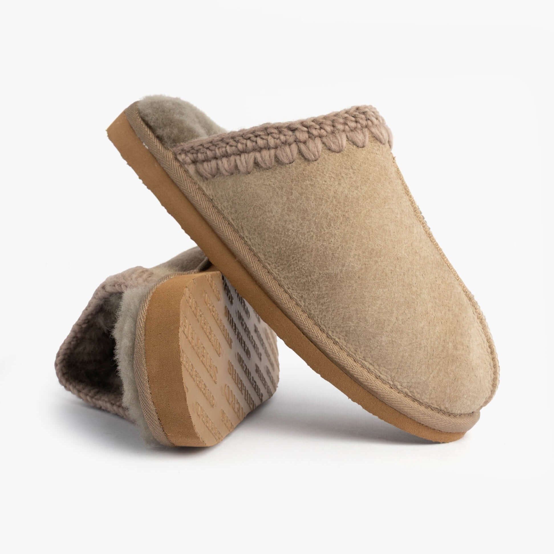Shepherd SELINA Womens Slippers Stone side view showcasing soft suede material and rubber sole.