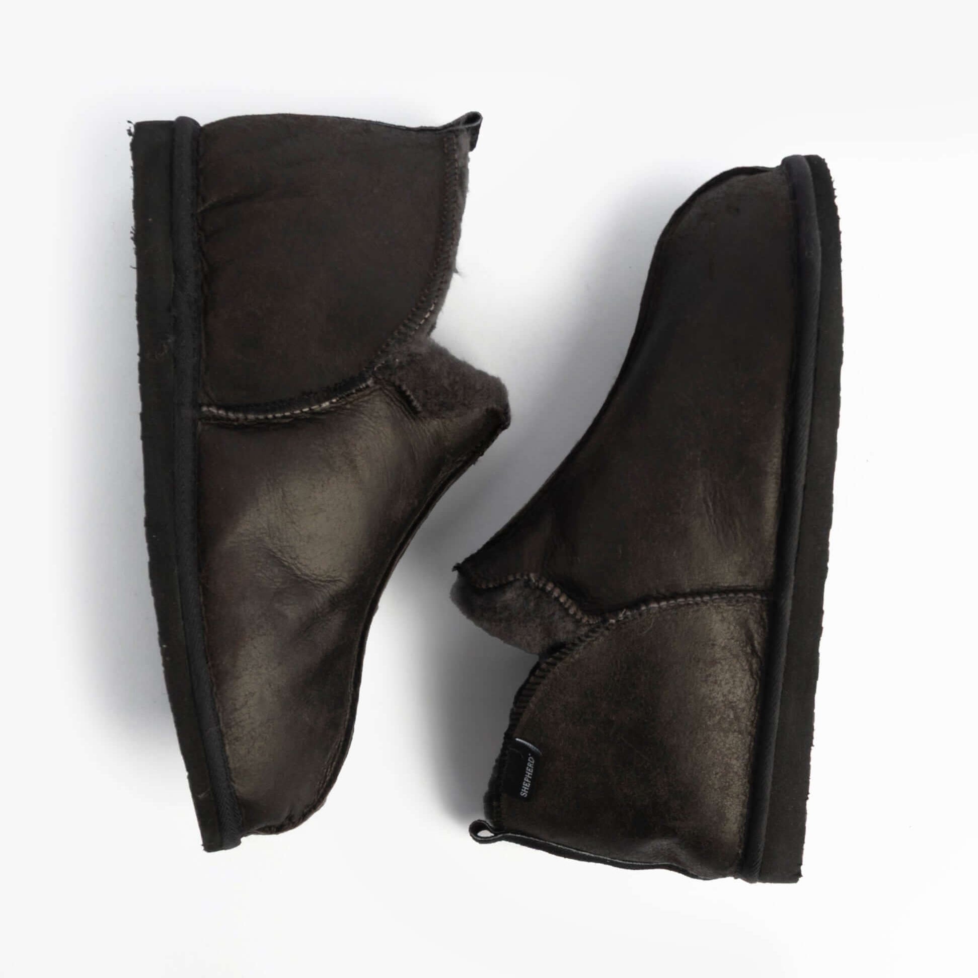 Shepherd ANNIE Womens Slippers Matt Black side view showing leather/suede upper and flat rubber sole.