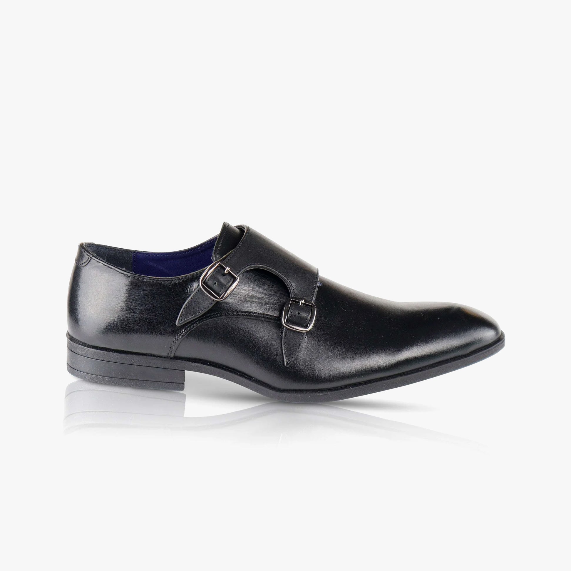 Silver Street London BOURNE Mens Shoes Black side view with chisel toe shape and buckle fastening, leather upper.