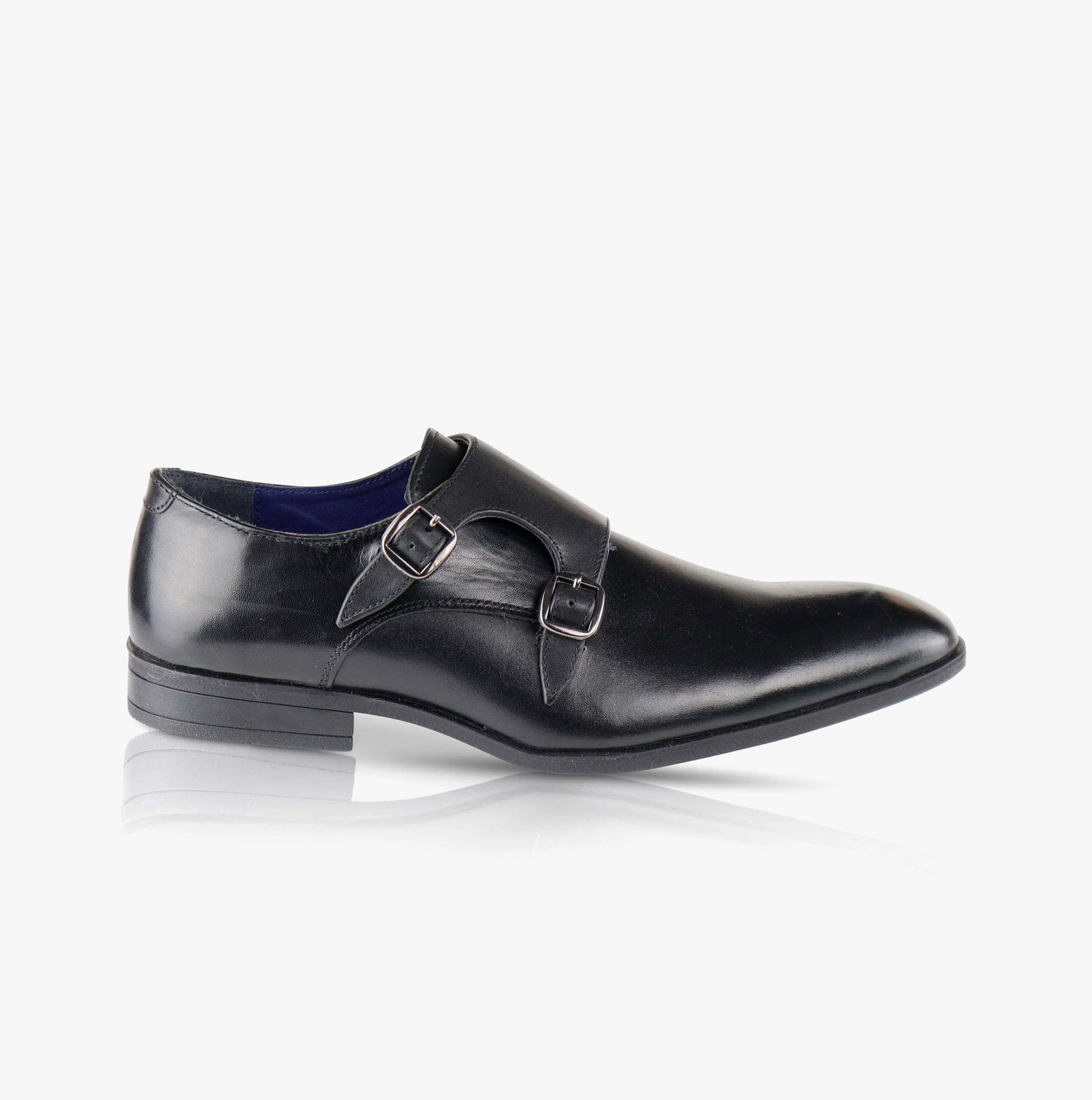 Silver Street London BOURNE Mens Shoes Black side view with chisel toe shape and buckle fastening, leather upper.