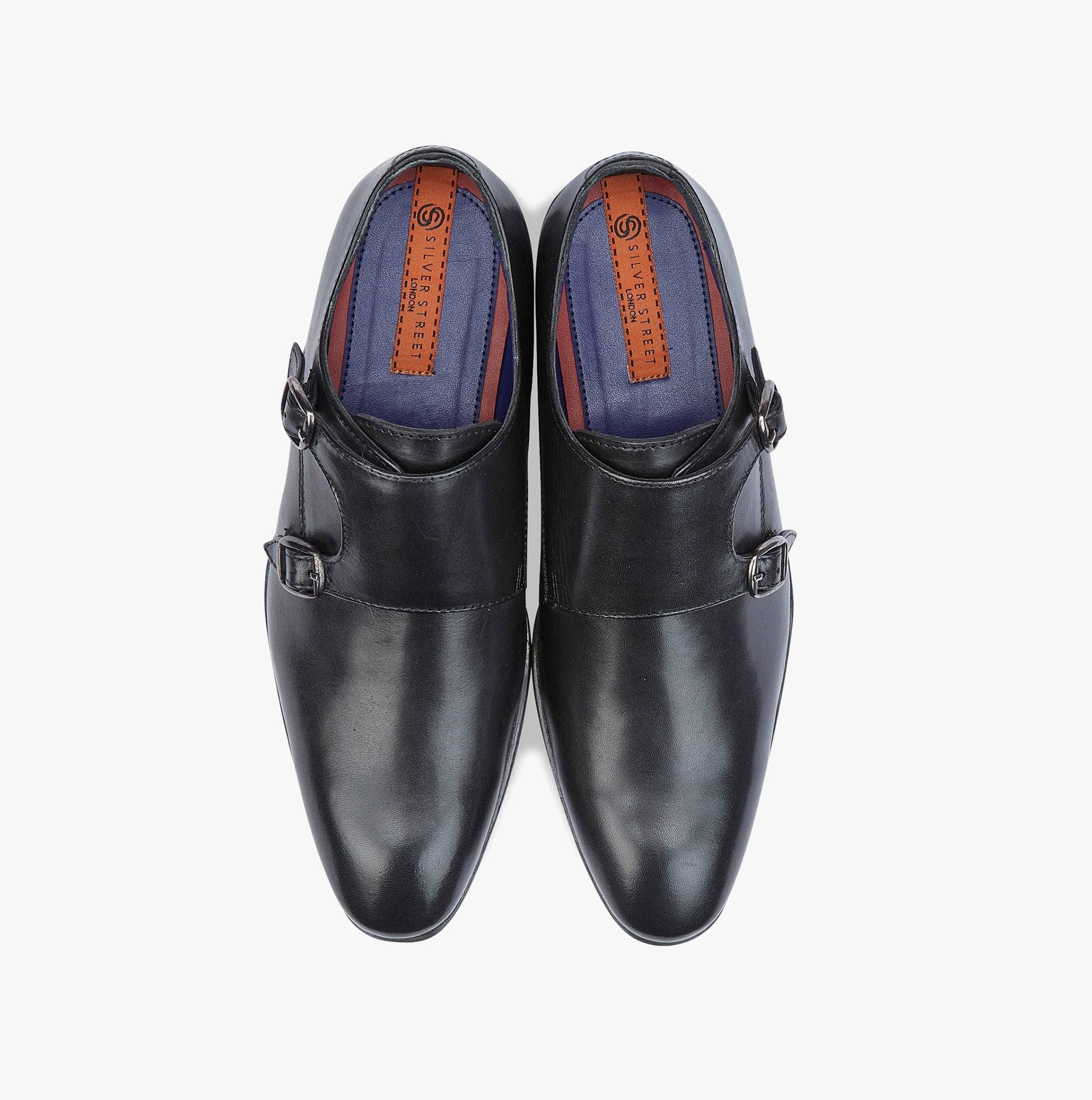 Silver Street London BOURNE Mens Shoes Black top view showing leather upper, buckle closure and chisel toe shape.