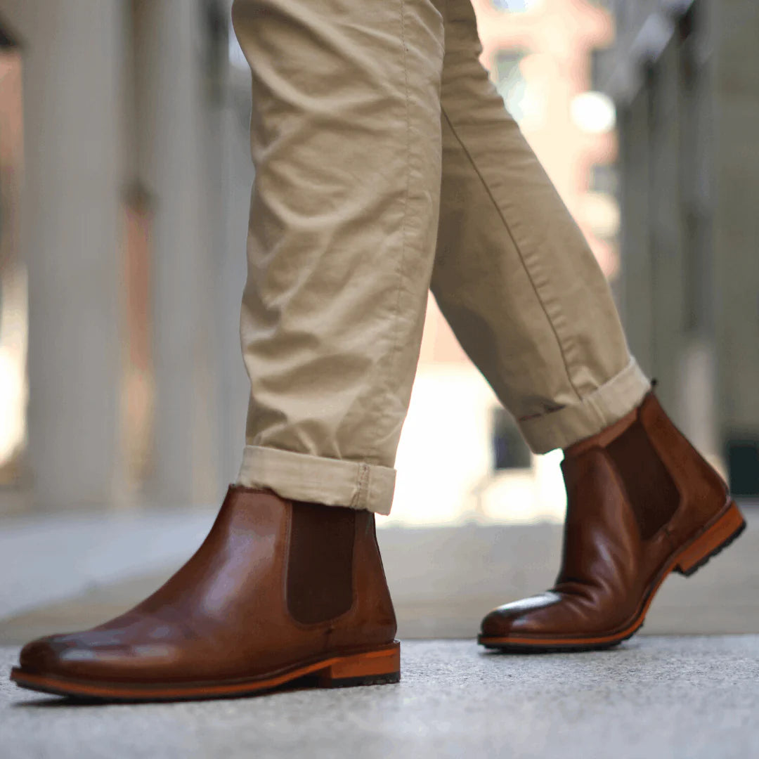 Silver Street London ARGYLL Mens Chelsea Boots Brown side view worn with beige pants in urban setting