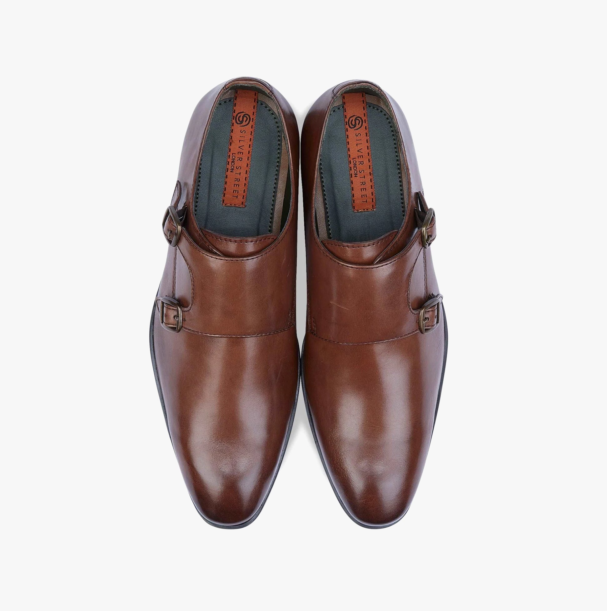 Silver Street London BOURNE Mens Shoes Brown top view showing leather monk strap design.