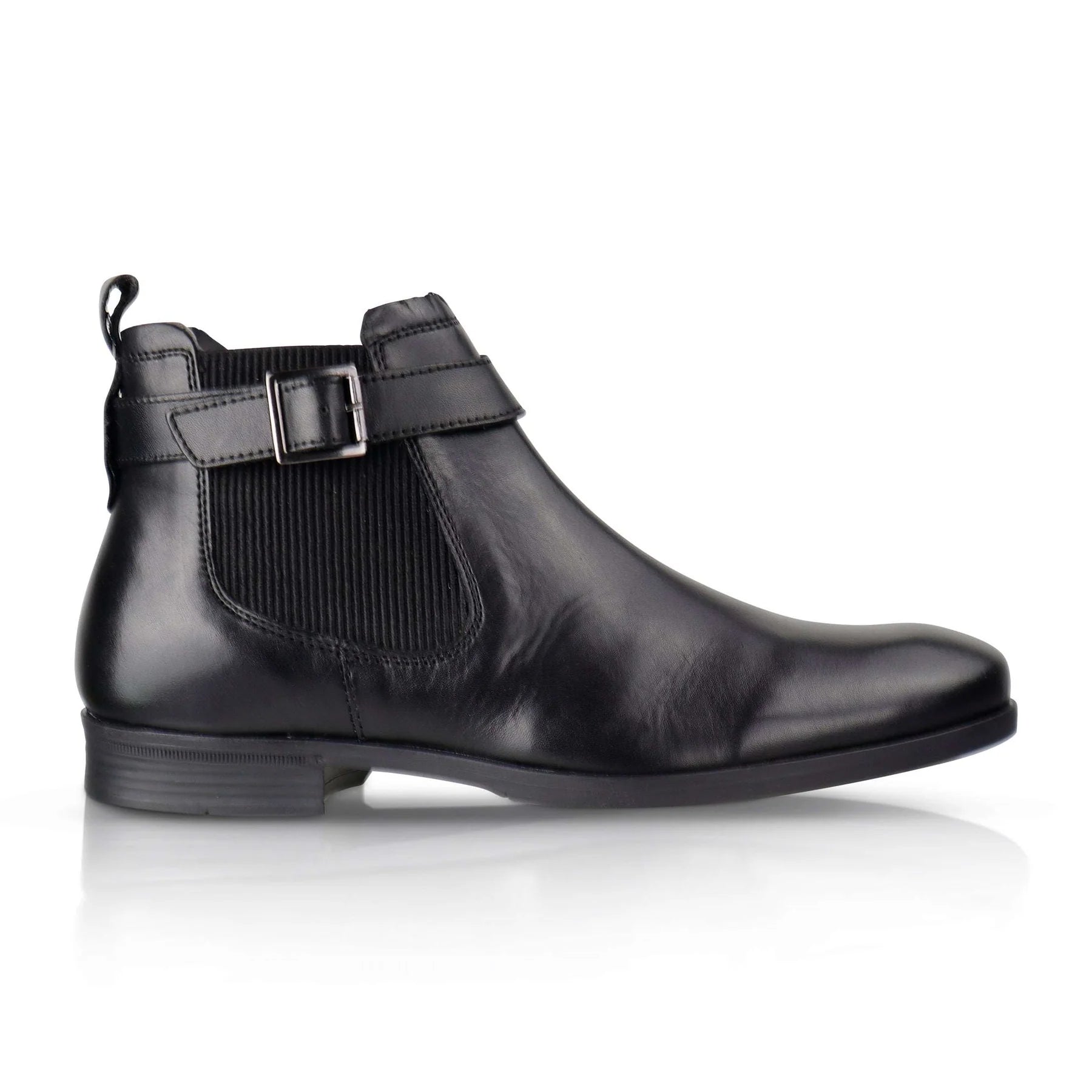 Silver Street London GRAFTON Mens Ankle Boots Black side view featuring buckle and elasticated side panel