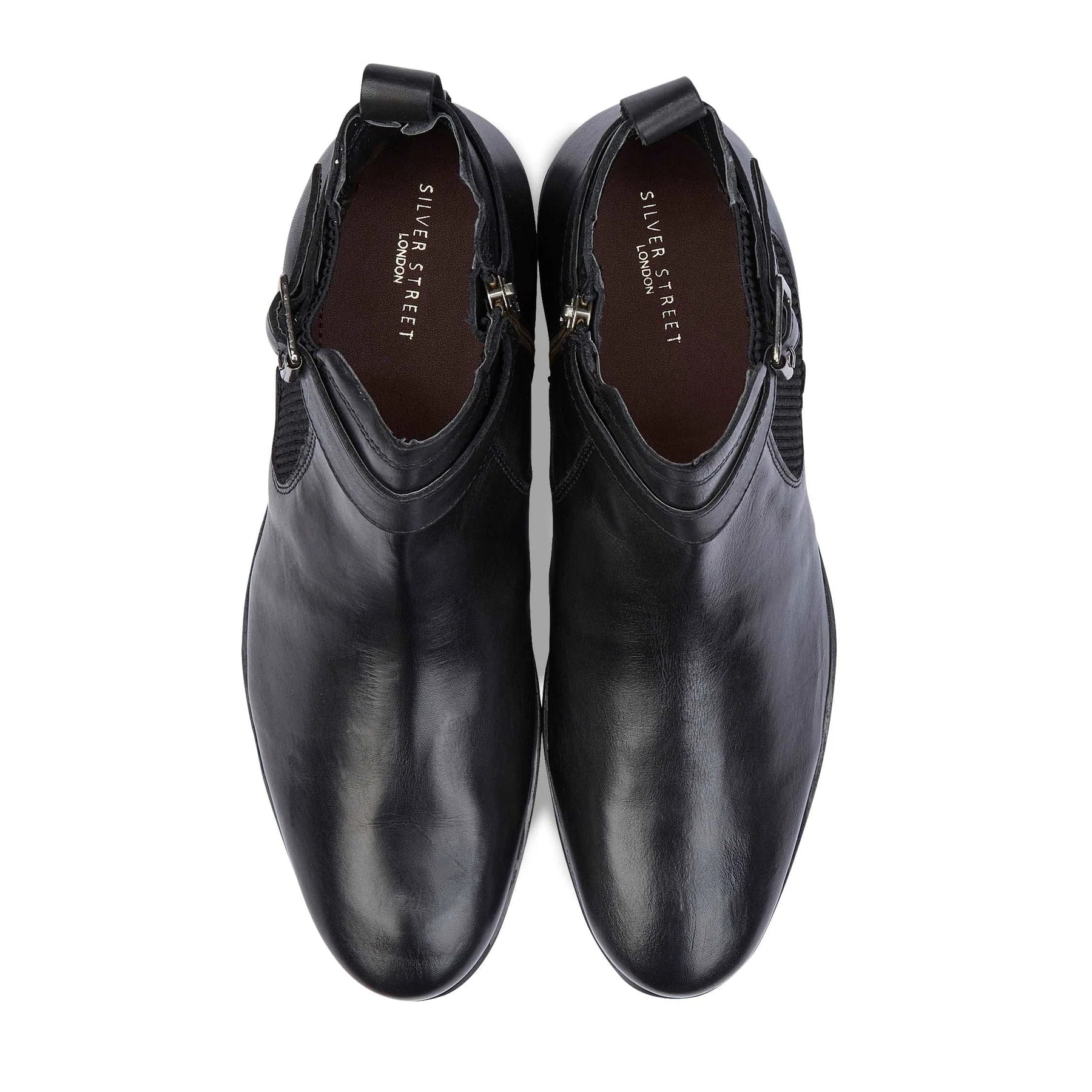 Silver Street London GRAFTON Mens Ankle Boots Black top view showing leather upper and elasticated side panels.