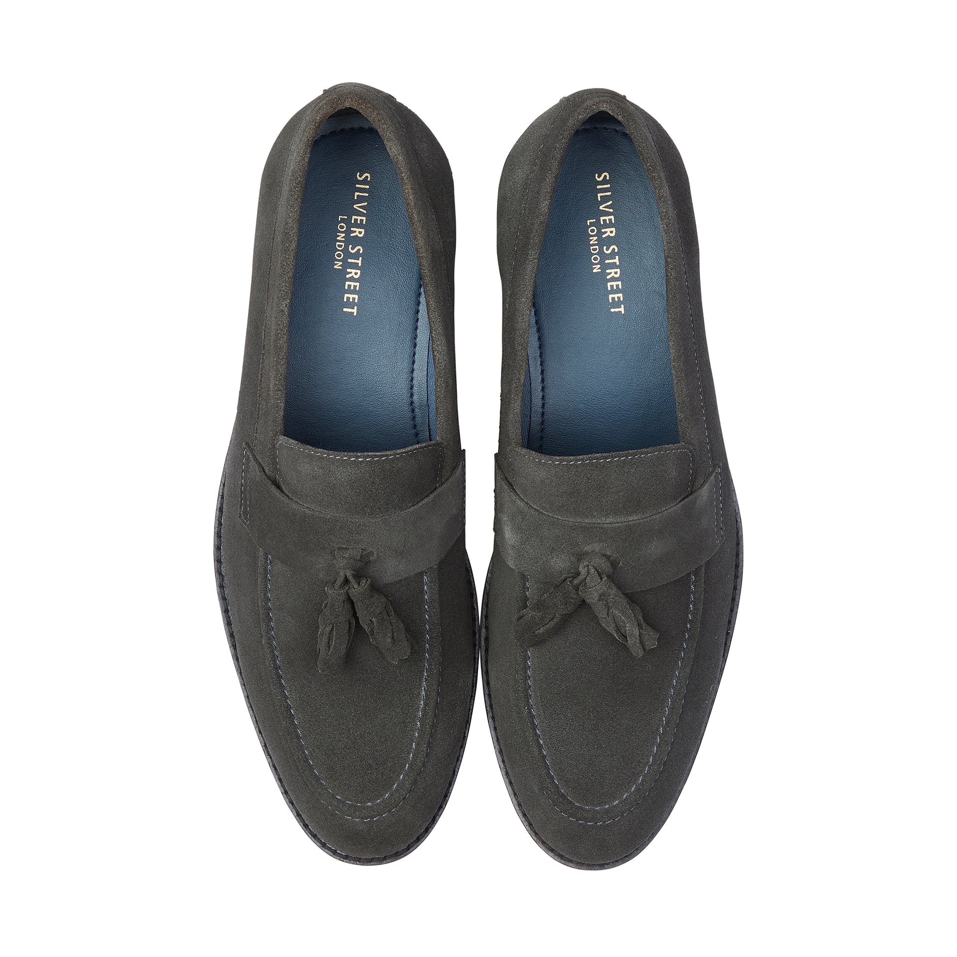 Silver Street London CHARLESTON Mens Loafers Grey top view showcasing leather upper and tassel detail.
