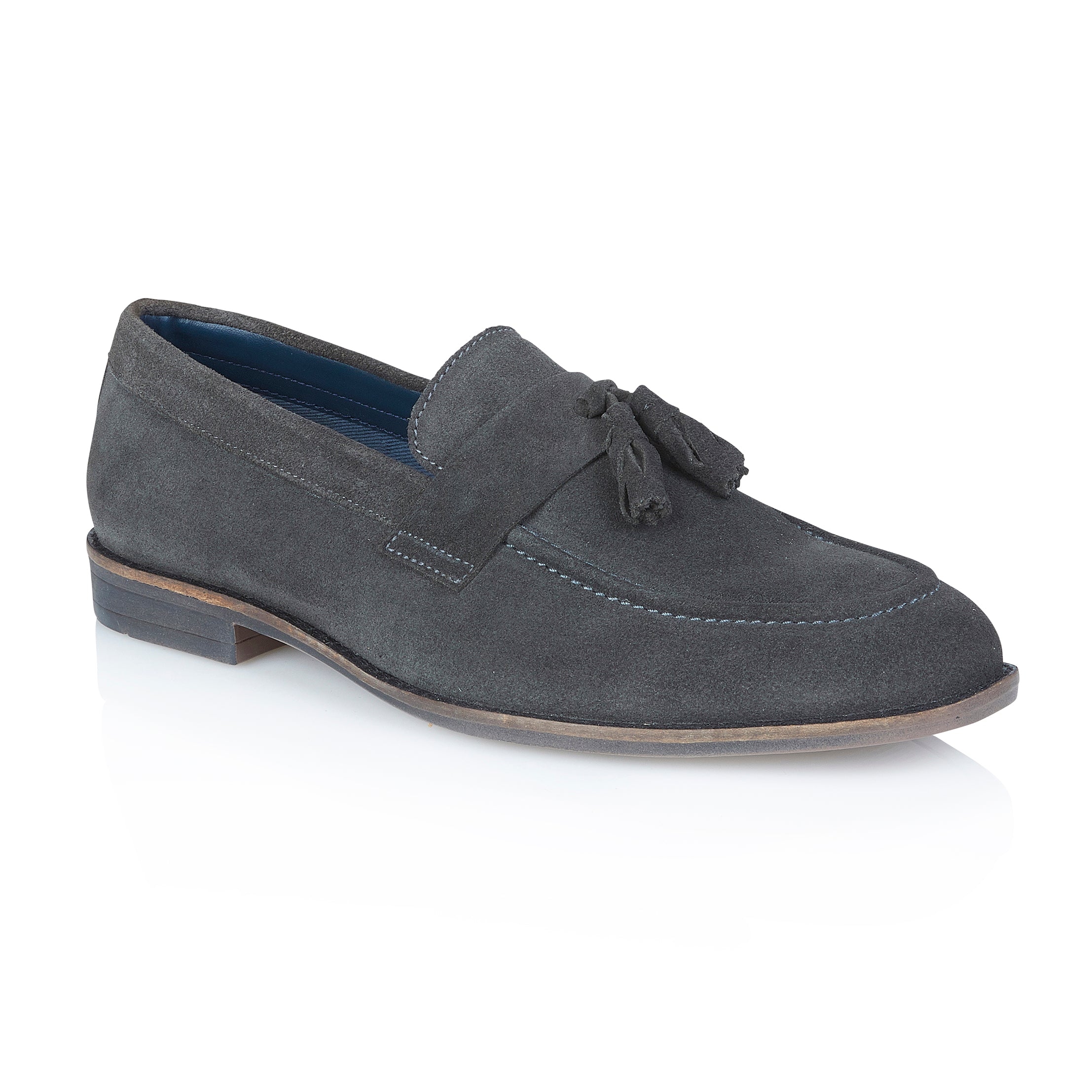 Silver Street London CHARLESTON Mens Loafers Grey side view showcasing suede upper and tassel detail.