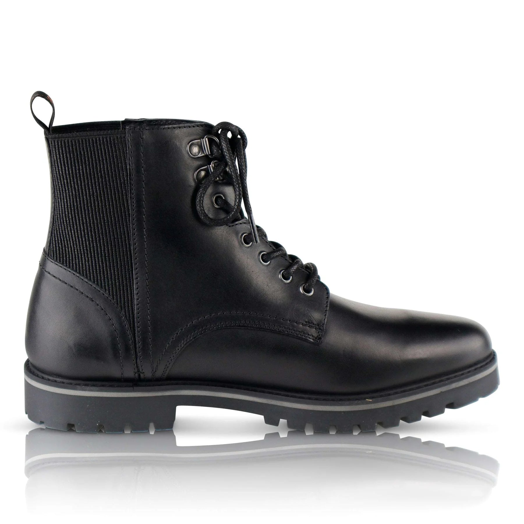 Silver Street London MANCHESTER Mens Boots Black side view leather biker boots with lace-up fastening and low heel.