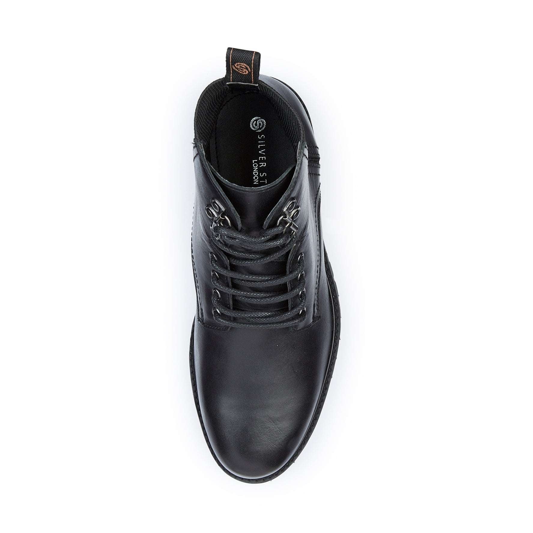 Top view of Silver Street London MANCHESTER Mens Boots Black, stylish biker boots with lace-up closure.