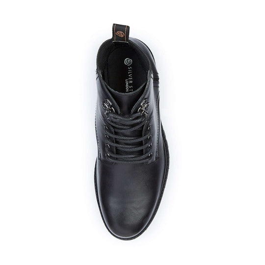 Top view of Silver Street London MANCHESTER Mens Boots Black, stylish biker boots with lace-up closure.