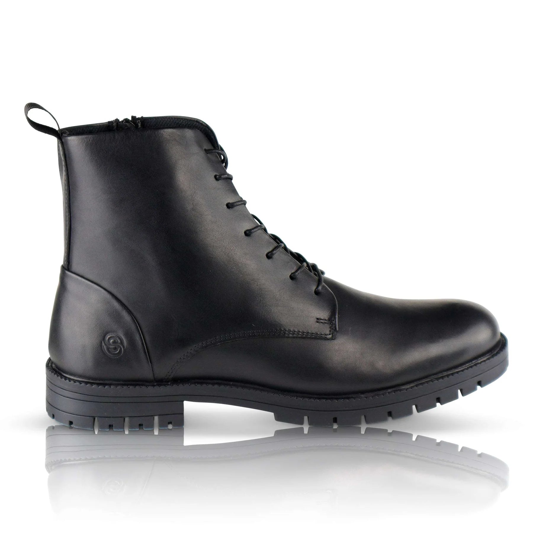 Silver Street London FARRINGDON Mens Boots Black side view, leather biker boots with lace-up closure and round toe.