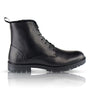 Silver Street London FARRINGDON Mens Boots Black side view, leather biker boots with lace-up closure and round toe.