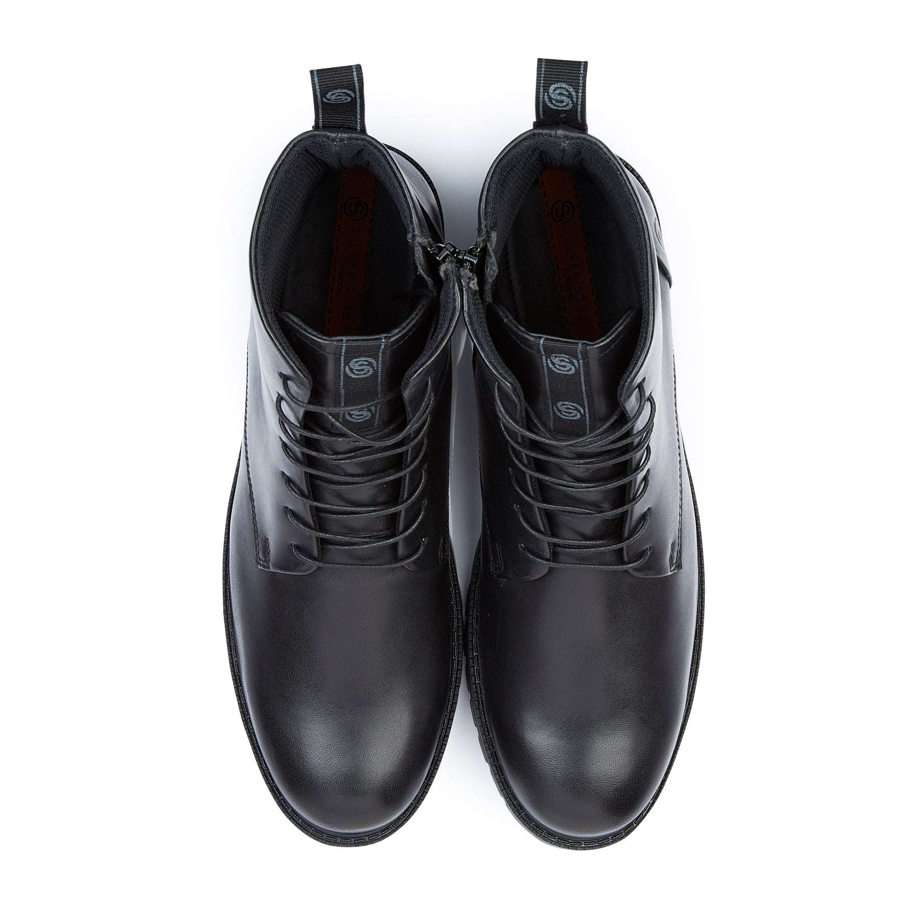 Silver Street London FARRINGDON Mens Boots Black, top view, lace-up, leather biker boots.